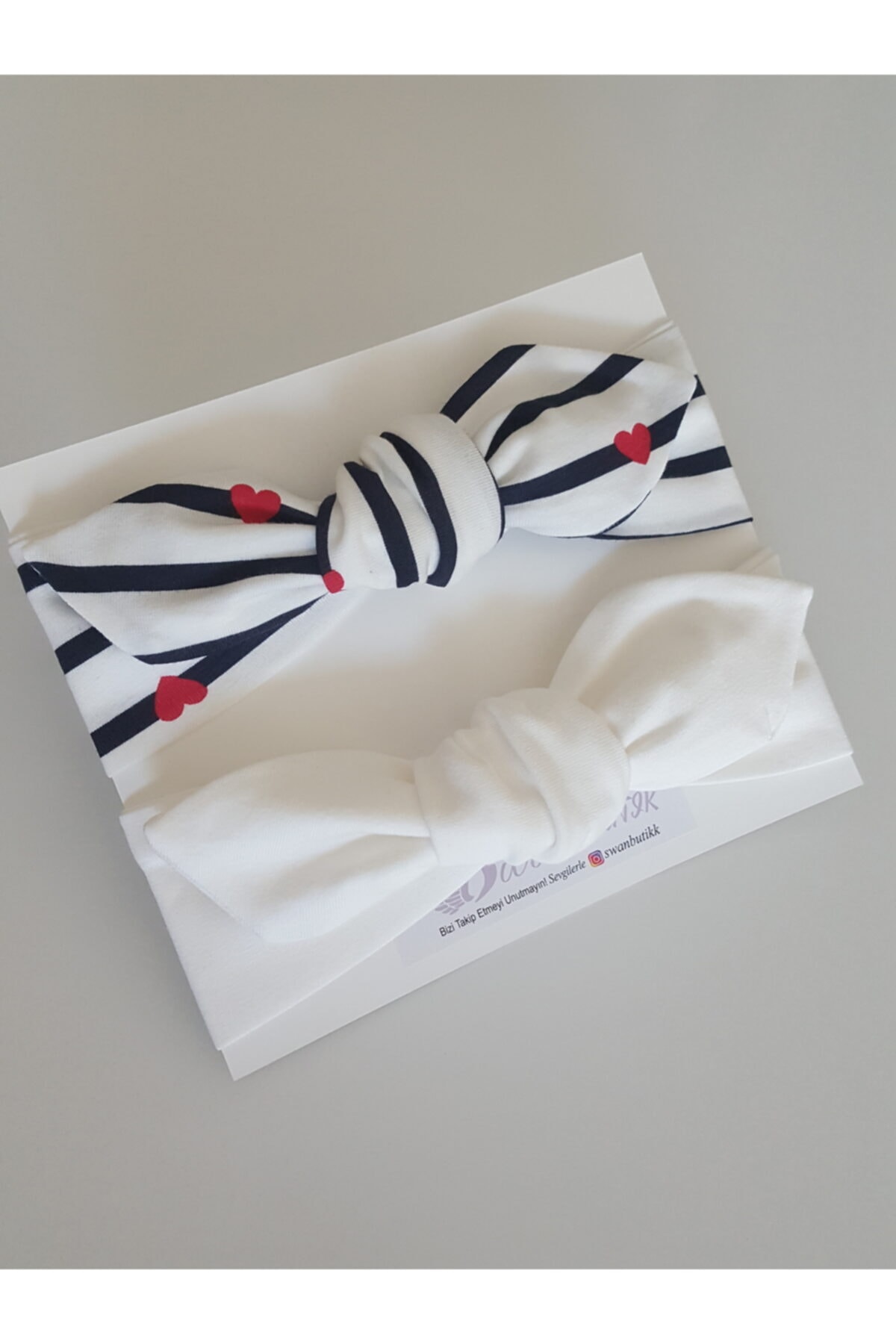 swan butik Kız Bebek Çocuk Bandana Toka Seti 2'li Lacivert Çizgili Ve Ekru Bandana