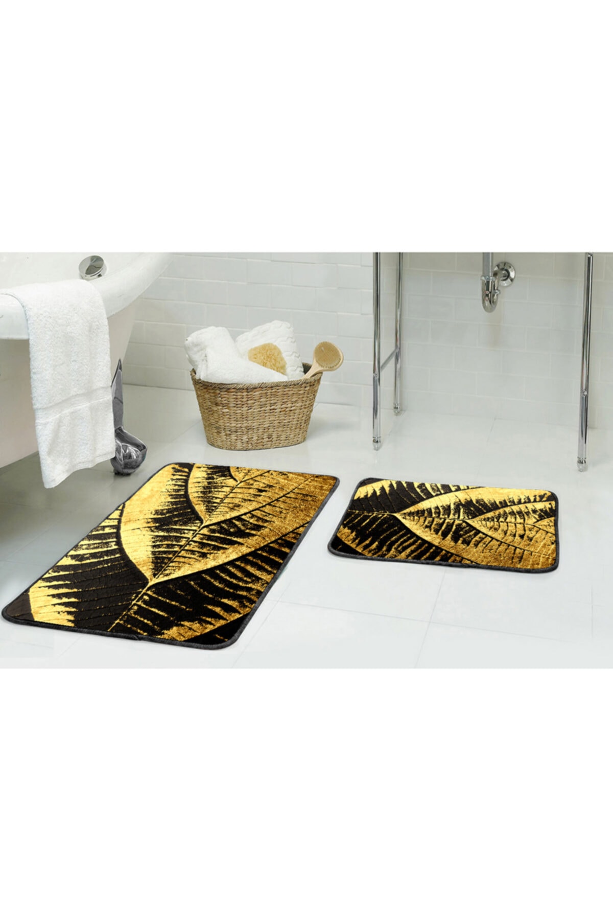 dessan home Gold Yaprak Desenli Siyah Zemin 1kalite Kaymaz Tabanlı Banyo Paspası Ikili Klozet Takımı