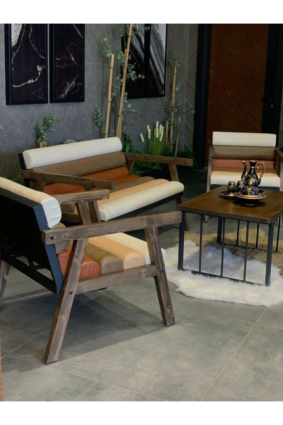 Ahşap Center Deri Bahçe Mobilyası Yeni Tasarım Ahşap Bahçe Balkon Seti