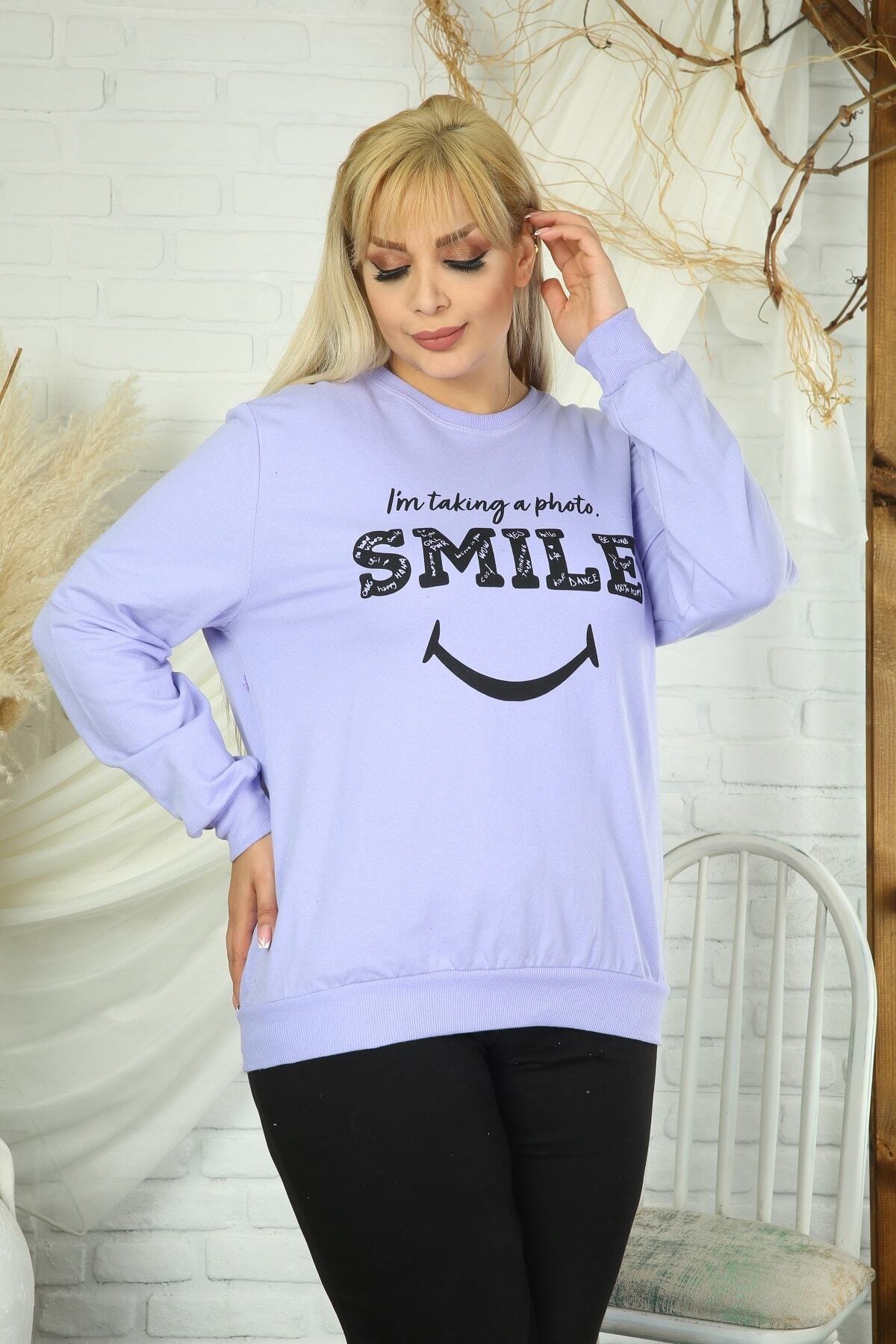 Butik Şımarık Kadın Büyük Beden Lila Renk Smile Baskılı Pamuklu Kumaş Basic Oversize Sweatshirt