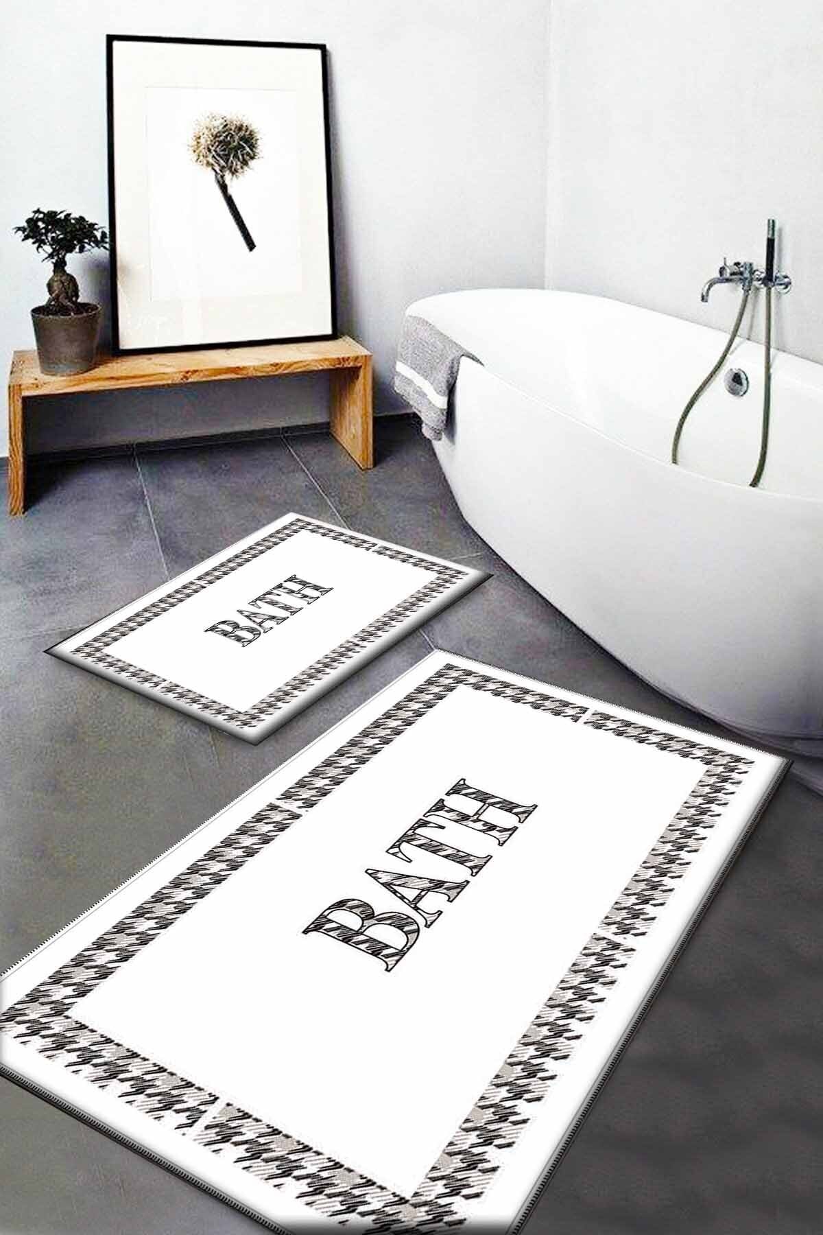 GARDENYA HOME Desenli Yıkanabilir Kaymaz Taban 2li Banyo Halısı Paspas Klozet Takımı Bath-0007