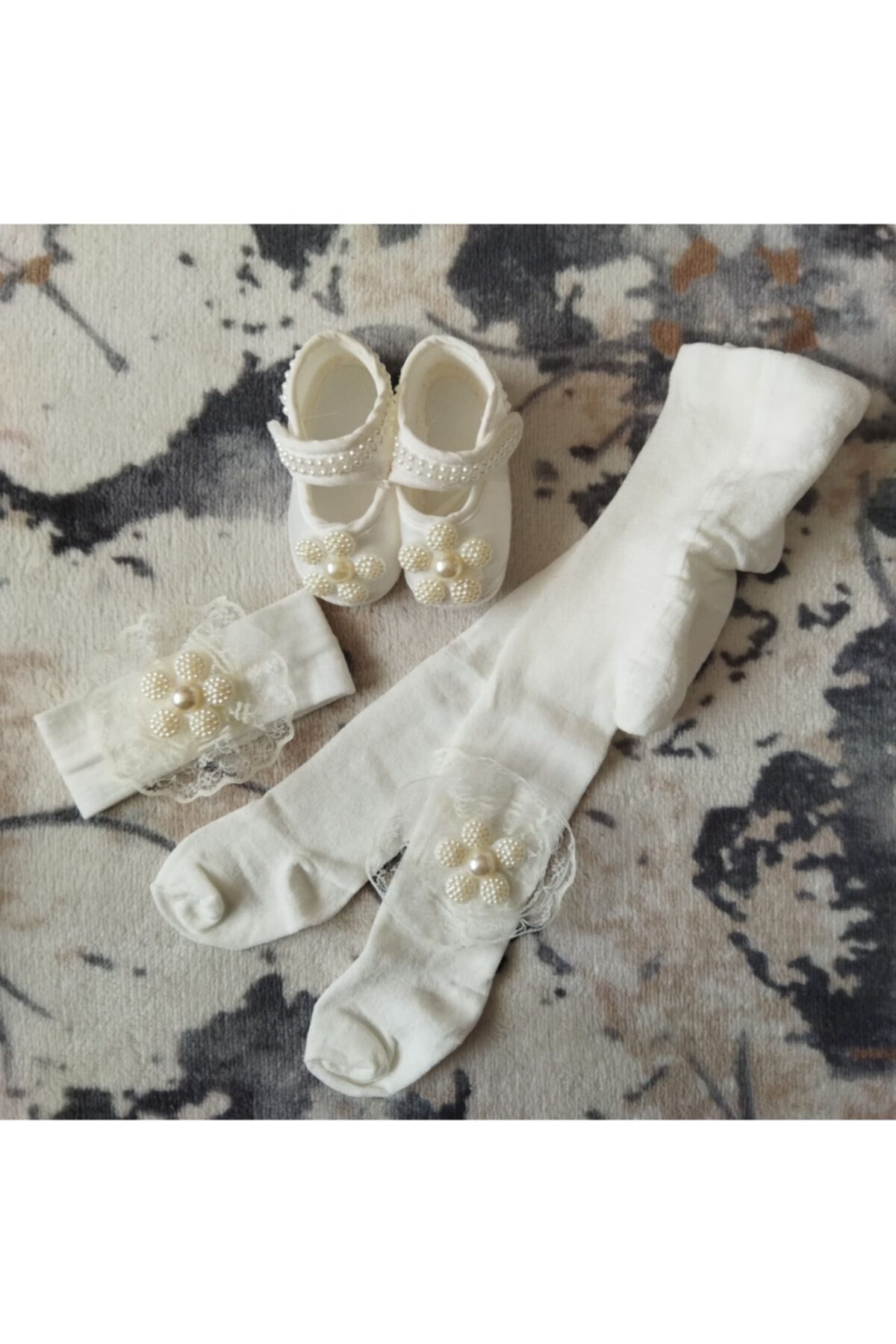 Caprice % 100 Pamuk Kız Bebek Çiçekli Ayakkabı & Saç Bandı & Kilotlu Çorap 3'lü Set