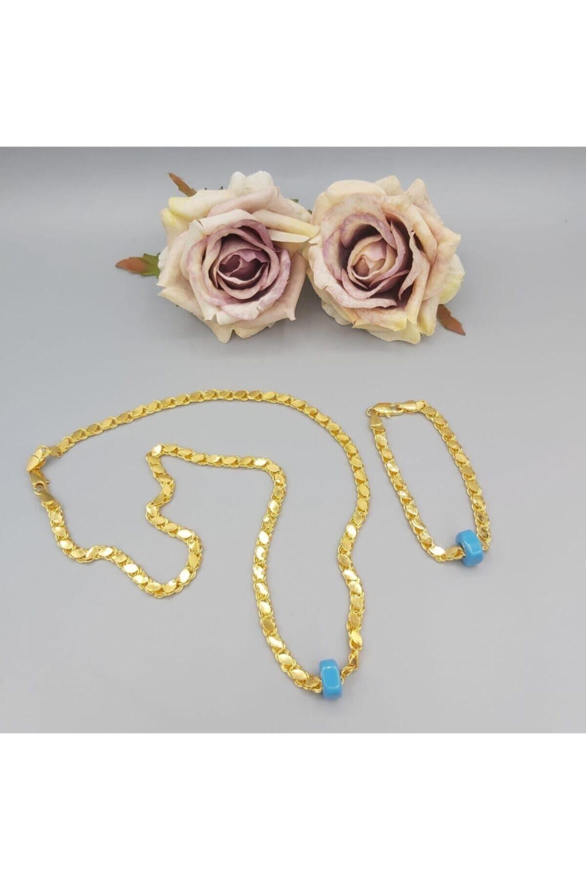 ZEYGOLD Altın Kaplama 60 Cm Doğal Taşlı Arpa Pullu Zincir Ve Bileklik