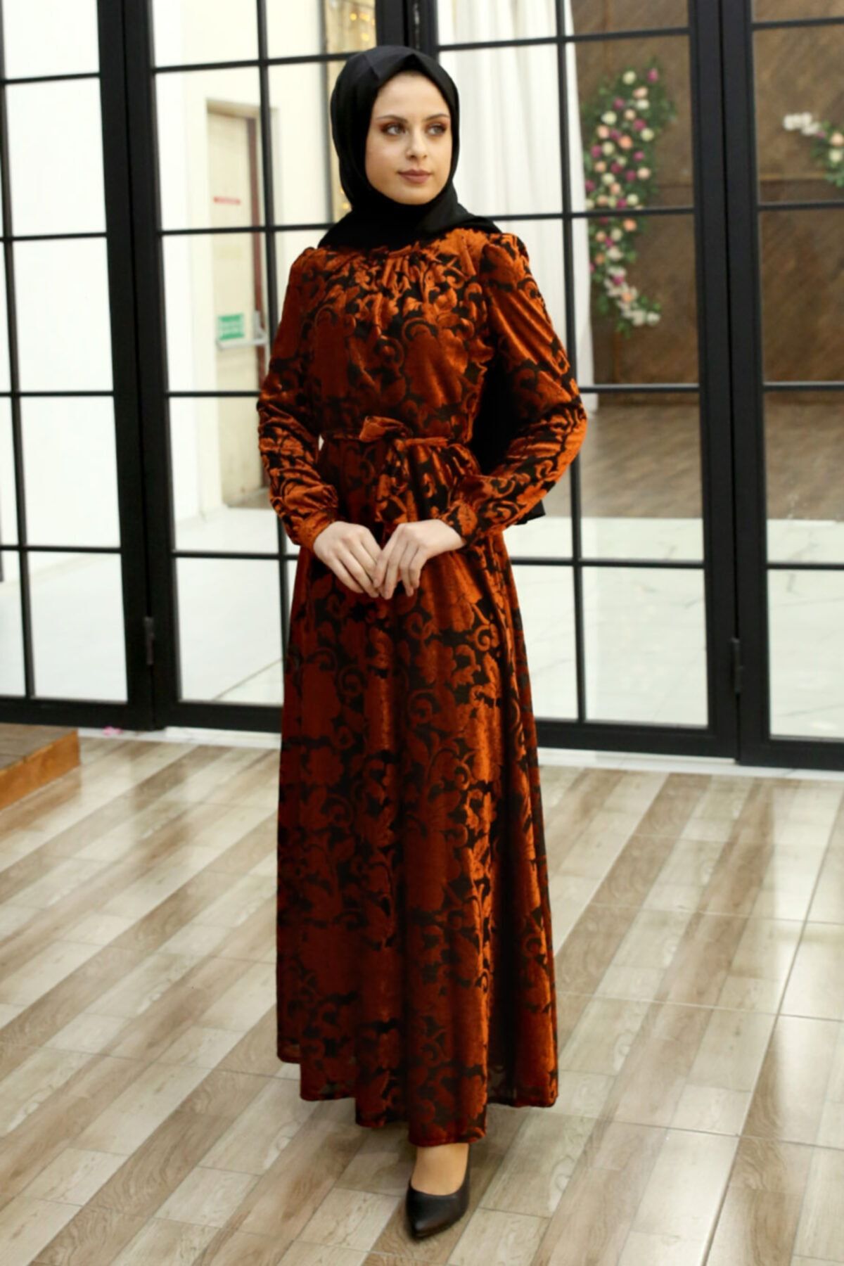 Feiza Collection Çiçek Detaylı Tesettür Elbise - Kiremit