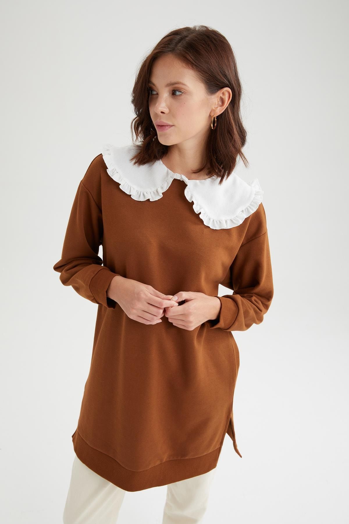 DeFacto Relax Fit Geniş Yakalı Sweatshirt Tunik