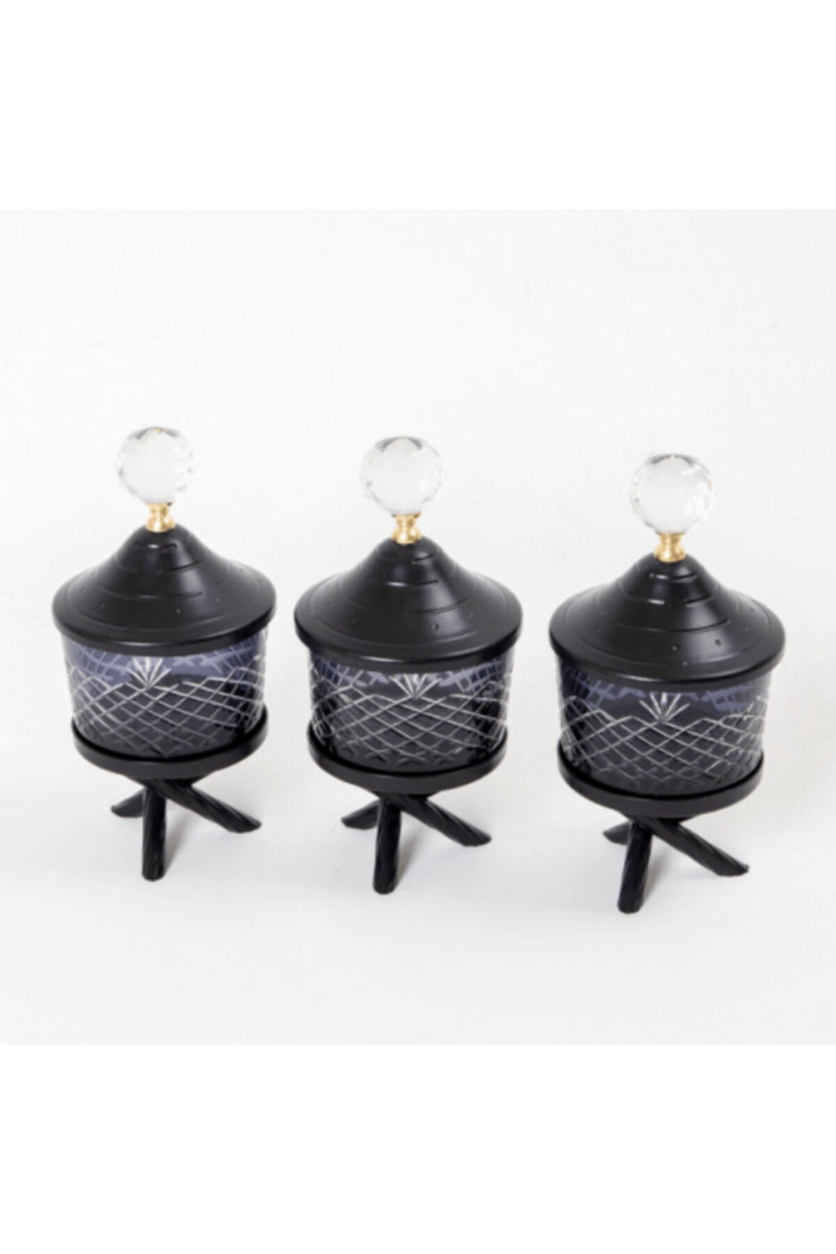 İnova Home Decor Hüma 245 Cc.siyah Kesme Dekor Üçlü Çerezlik - Baharat Takımı, Metal Çapraz Üç Ayaklı Set