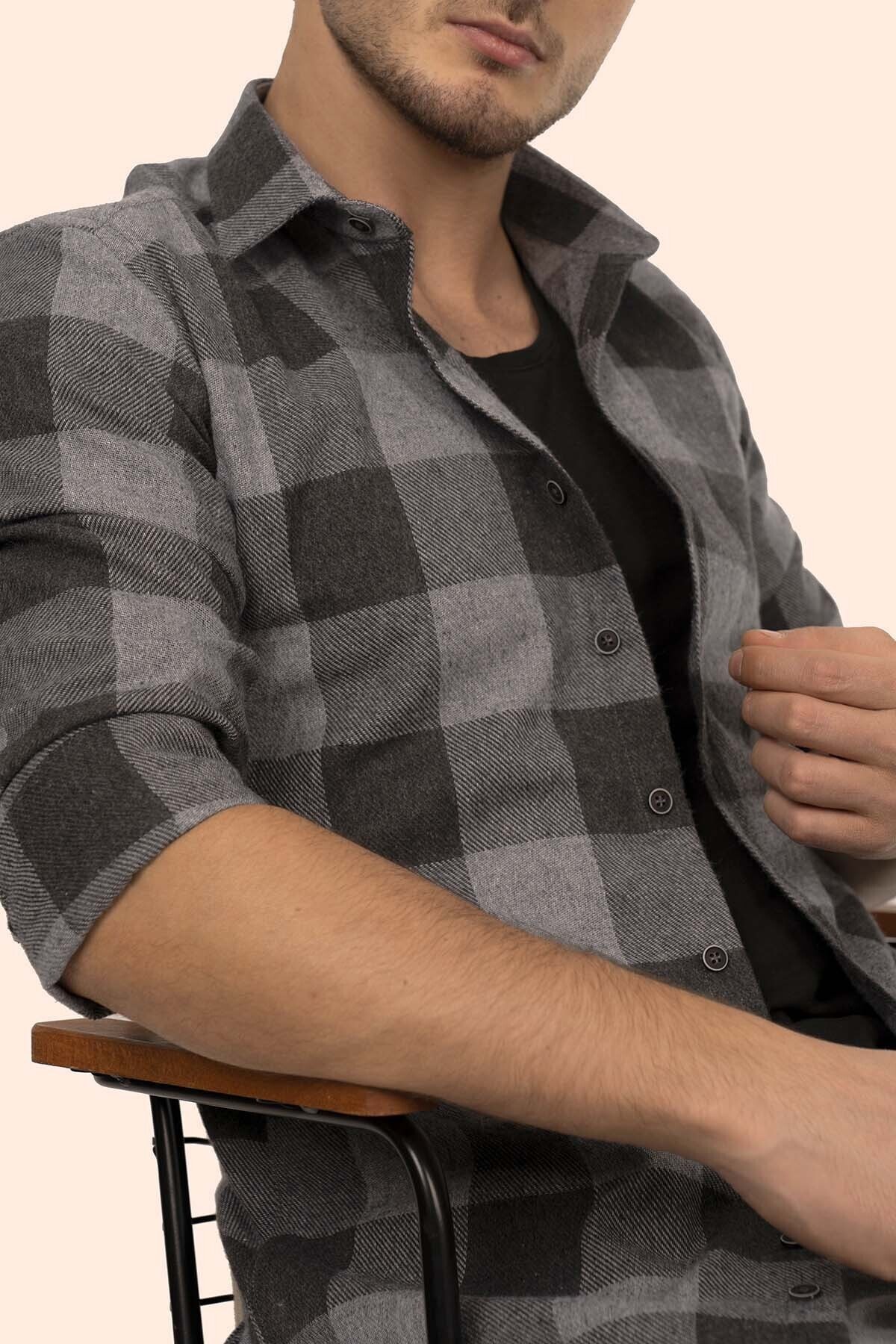 Etikmen Siyah Füme Dama Desenli Oduncu Slimfit Gömlek