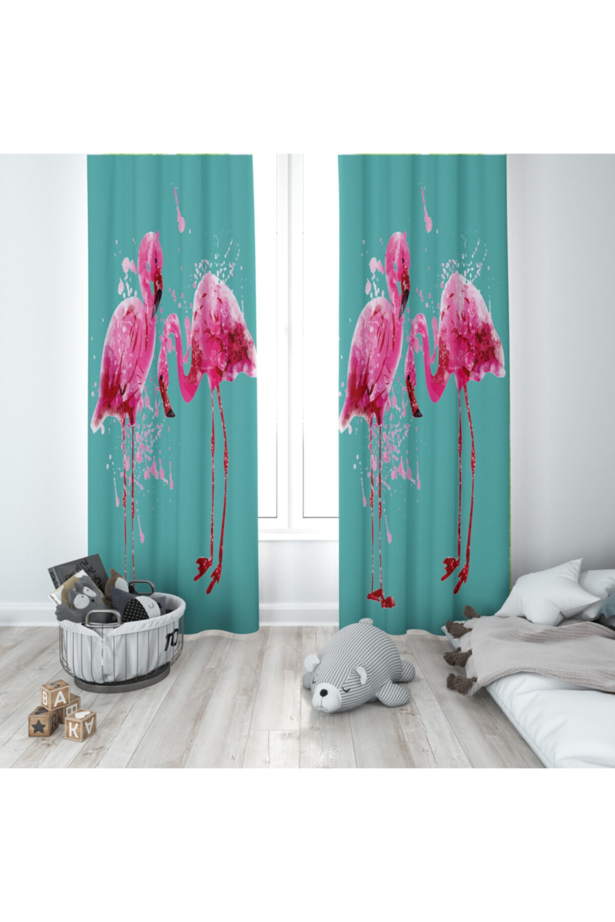 halımarkt Hm-b101 Yeşil Pembe Flamingo Çocuk Odası Fon Perde