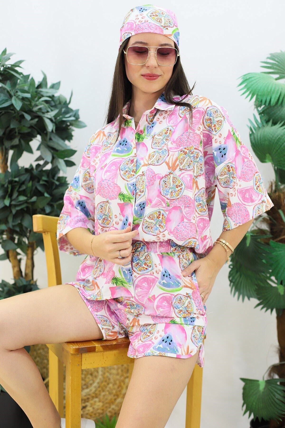 Mekafashion Meyve Desenli Şortlu Takım Pembe