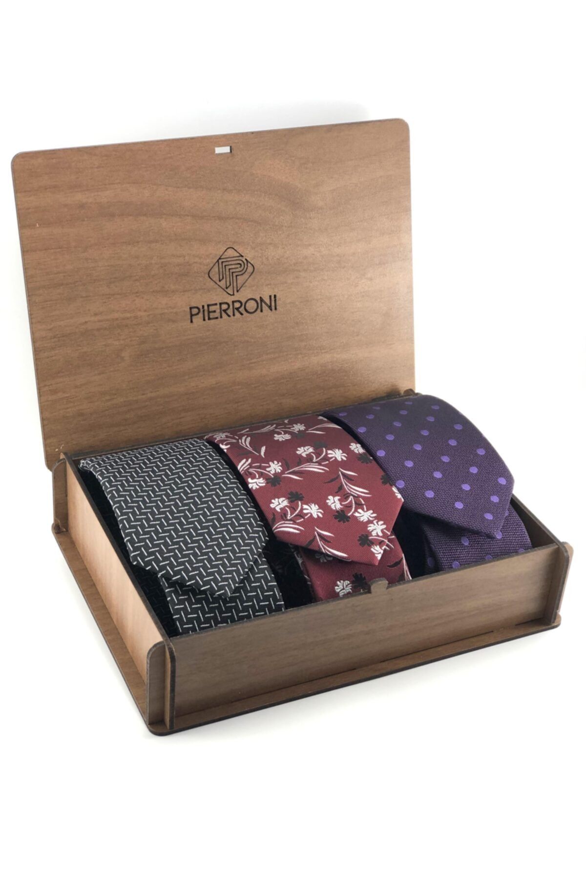 PİERRONİ Özel Ahşap Kutuda 3'lü Kravat Set