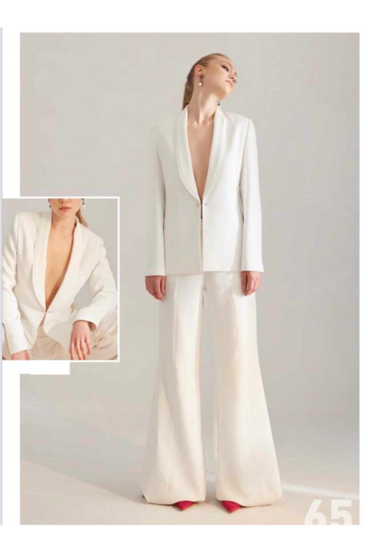 Müge1962 A6 Beyaz Astarlı Ceket Pantolon Takım - S, Beyaz