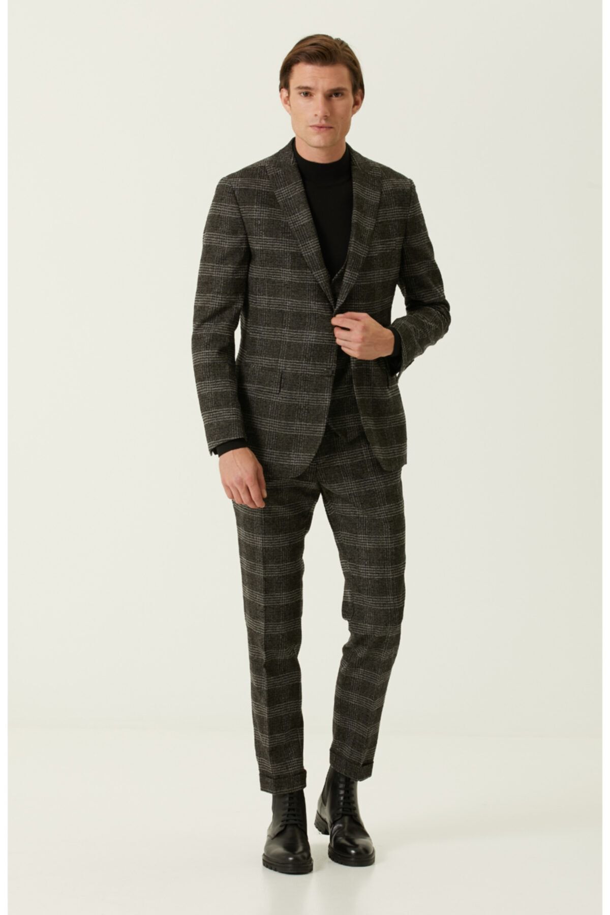 Network Slim Fit Gri Ekoseli Yelekli Yün Takım Elbise