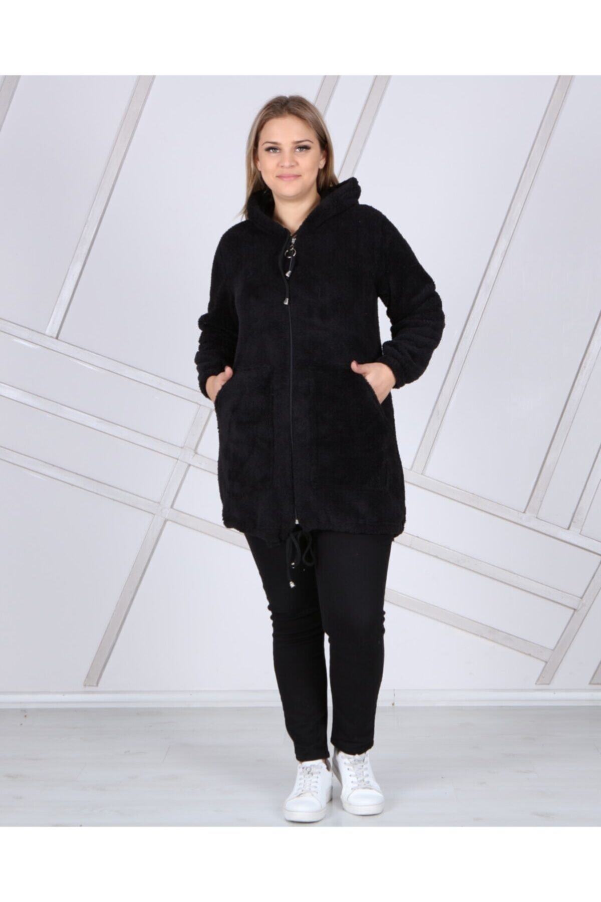 Big Love Cepli, Fermuarlı Ve Kapşonlu Peluş Spor Polar Hırka Mont Siyah