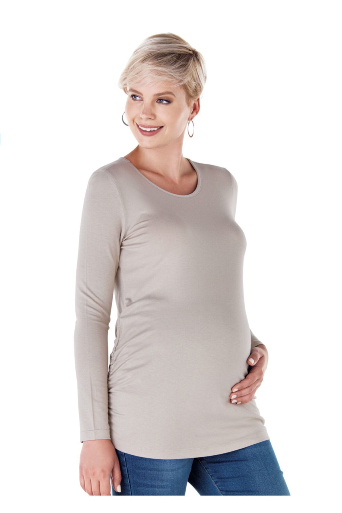 Ebru Maternity 4256 - Yuvarlak Yaka Bej Hamile Tişörtü