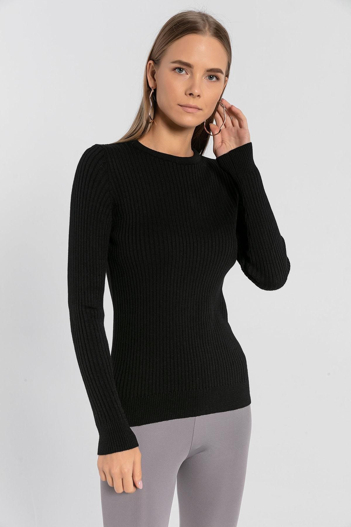 So Sweet Kadın Bisiklet Yaka Fitilli Basic Triko Kazak 32810 Siyah