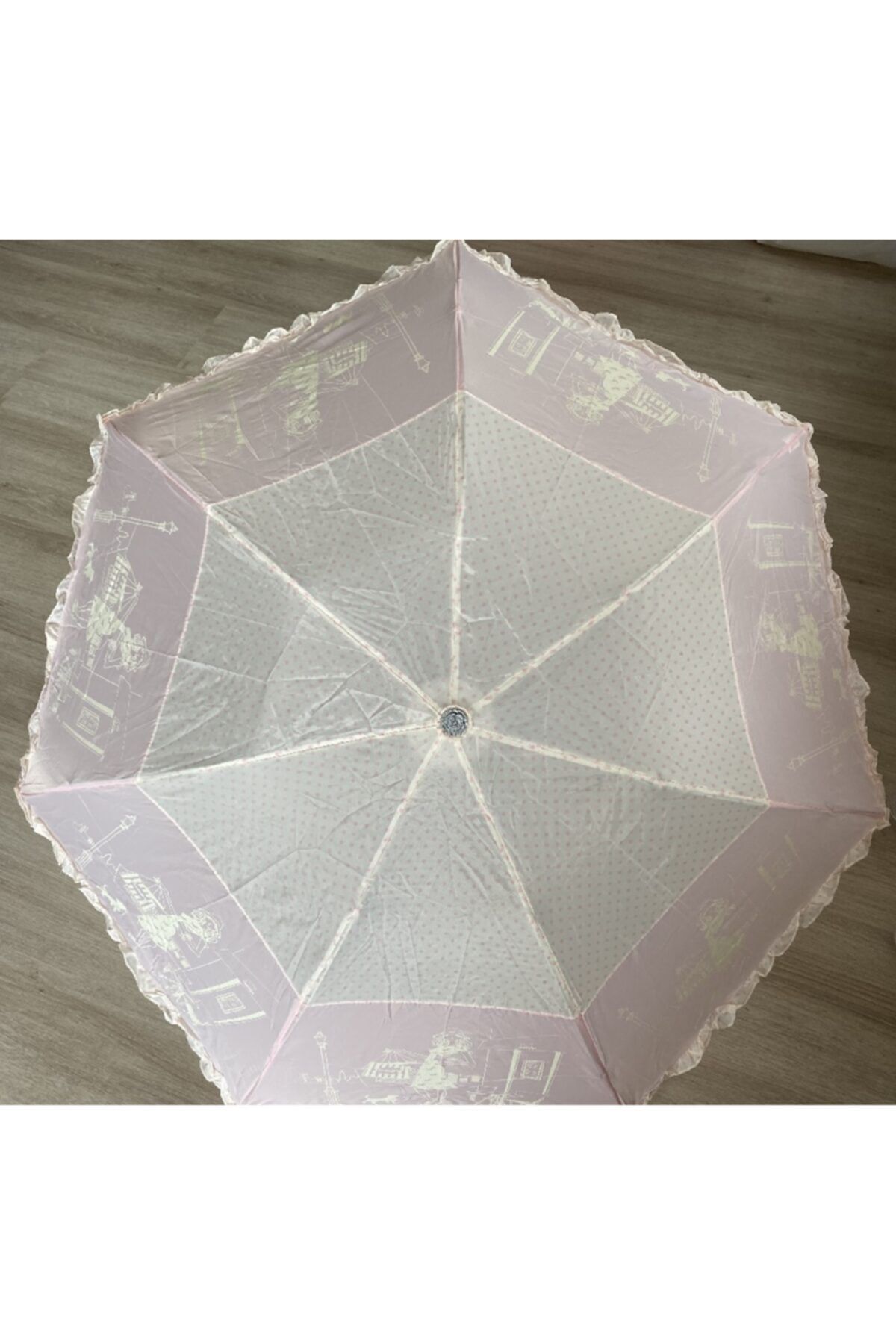MorArt Dreaming Sky Manuel Fırfırlı Desenli Bayan Şemsiye – Pembe Beyaz