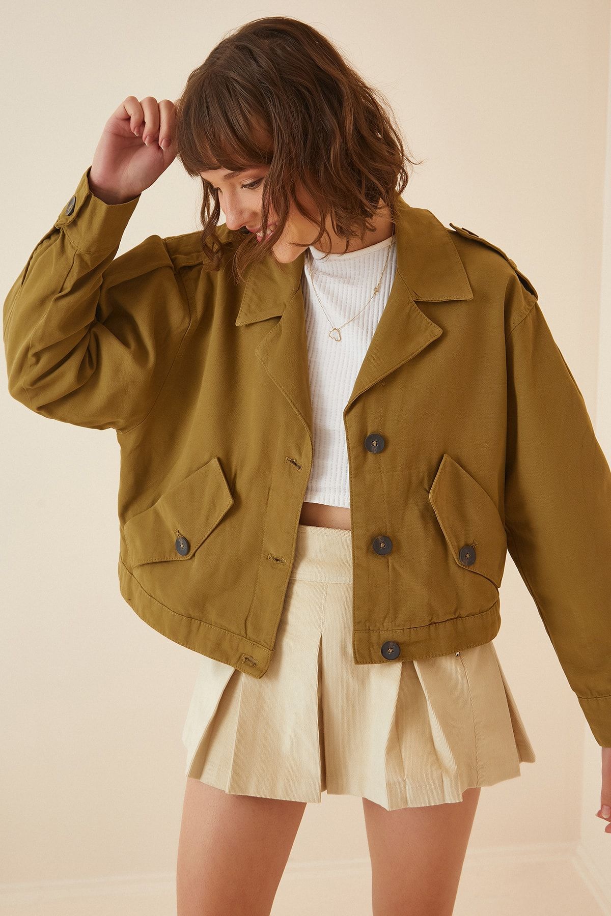 Happiness İst. Kadın Camel Cepli Gabardin Crop Ceket NV00004