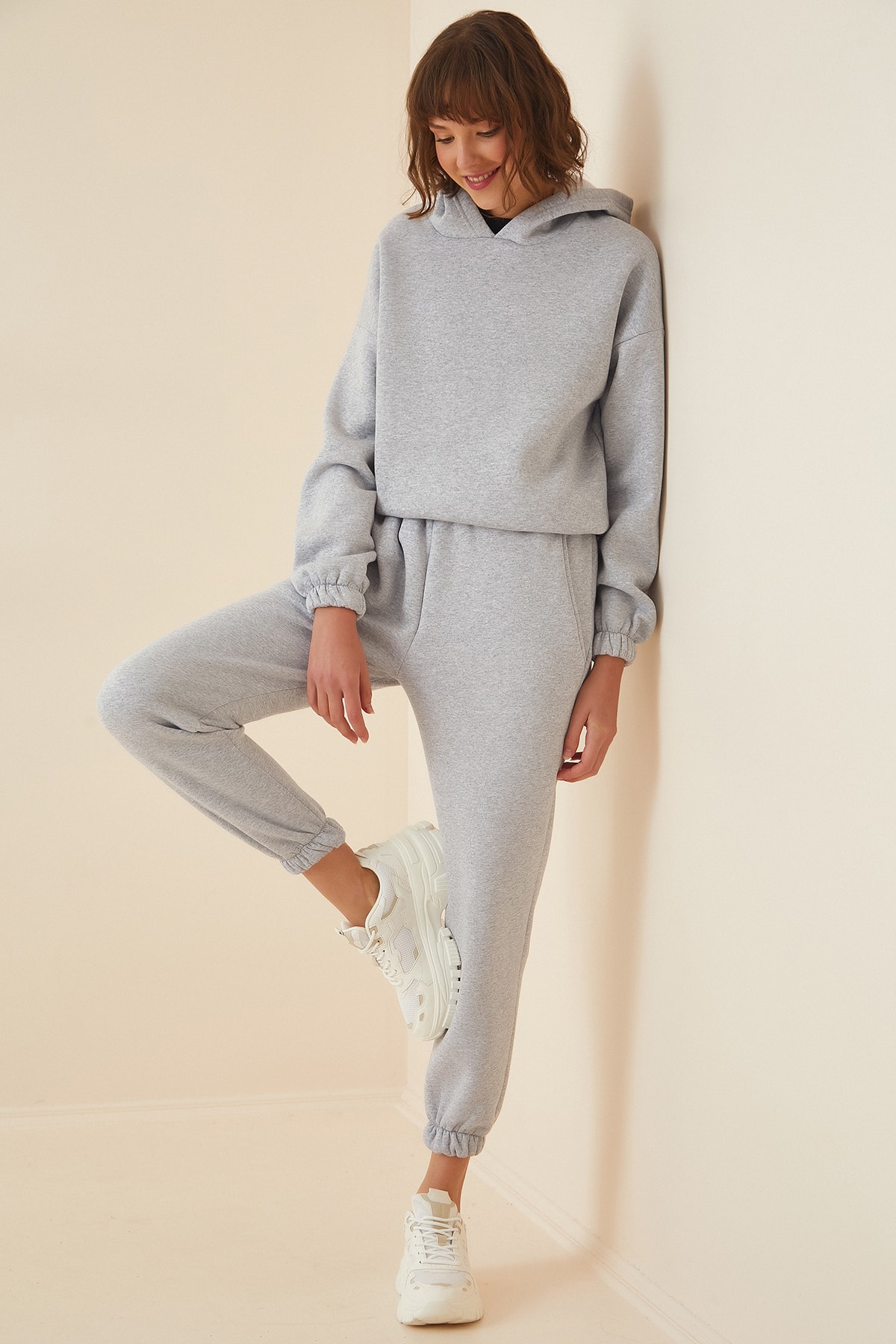 Happiness İst. Kadın Gri Melanj Kapüşonlu Şardonlu Eşofman Takımı DK00106