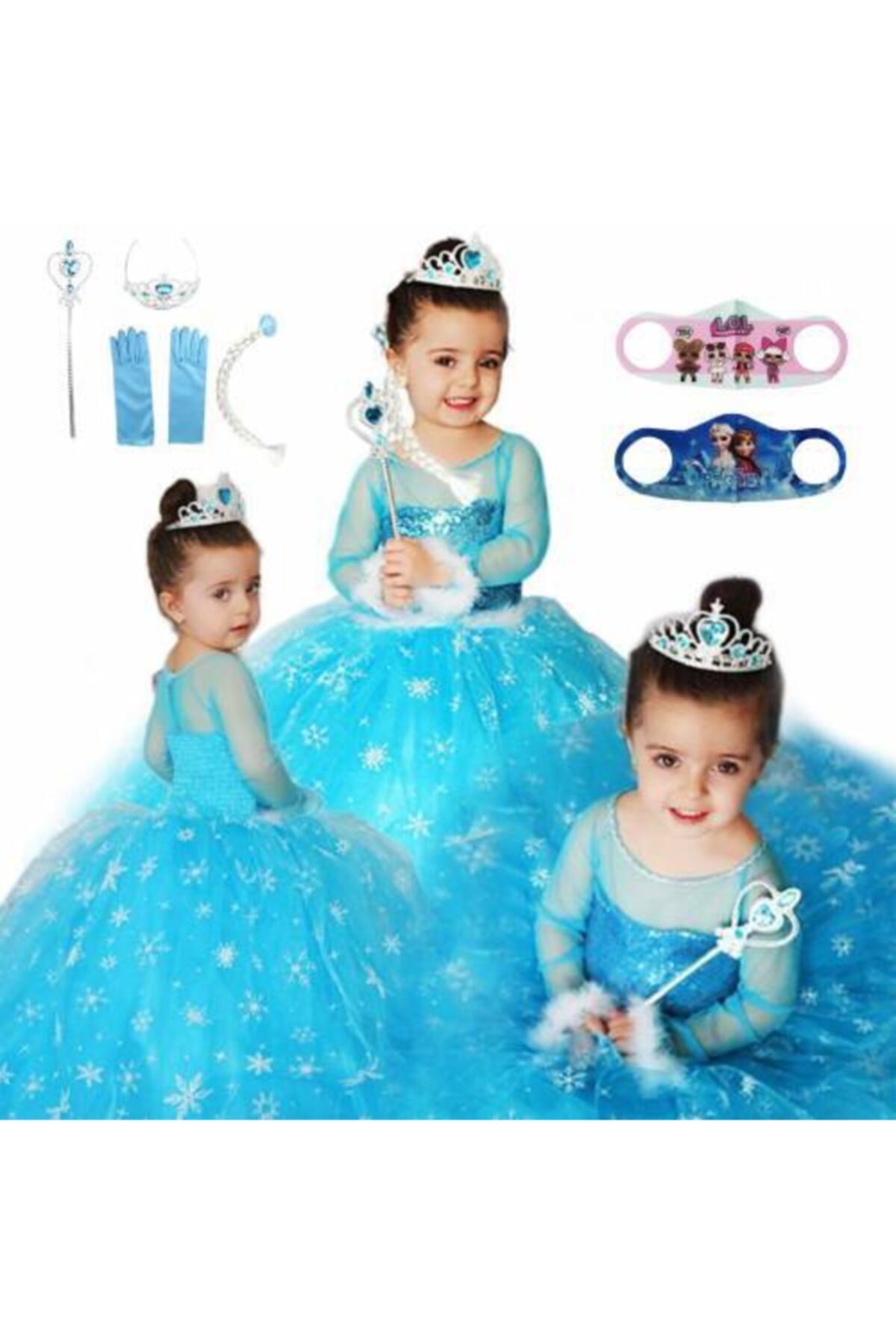 Mashotrend Kız Çocuk Mavi  Kostüm Asa  Taç Saç Eldiven 2 Maske