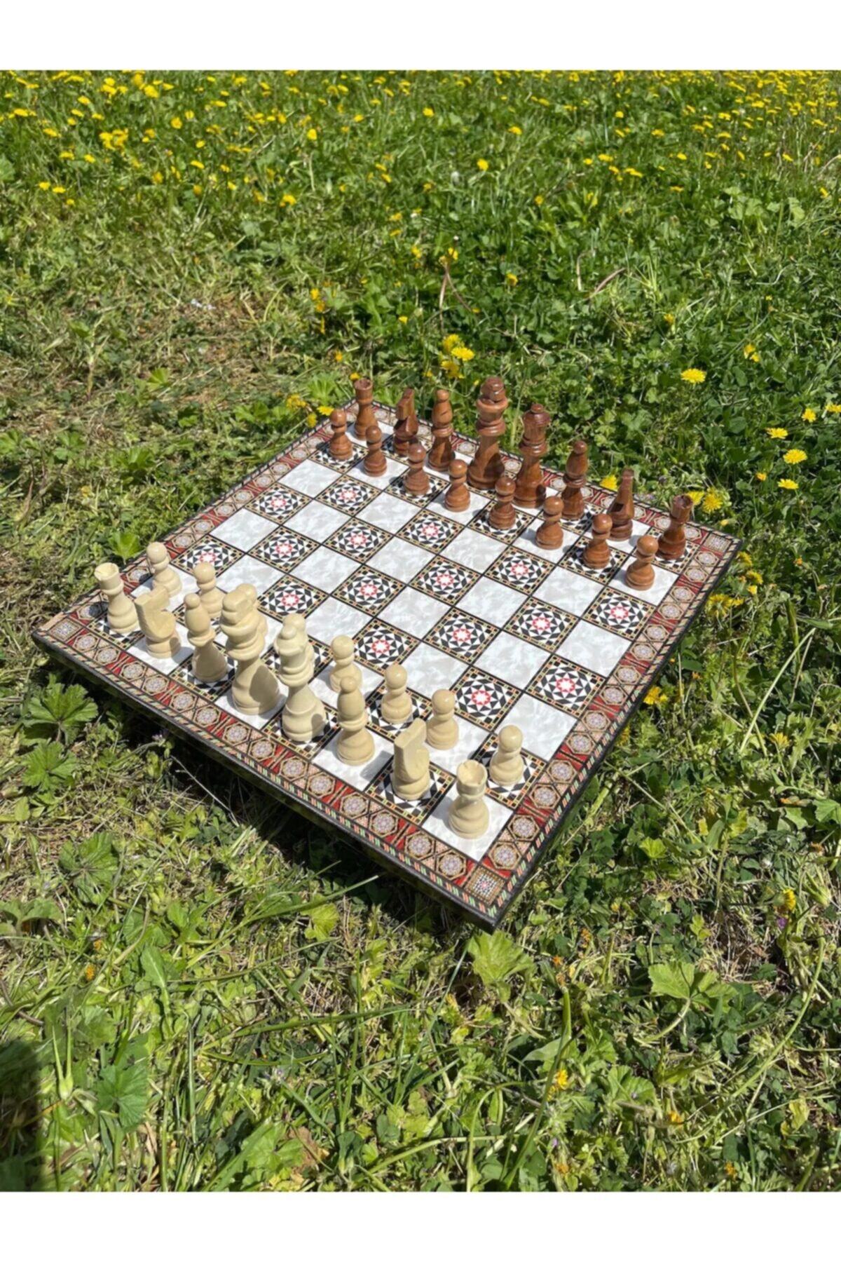 AsyaWoodArt Mozaik Desenli Ahşap Taşlı Satranç Takımı Ahşap Taşlı Satranç Seti Ahşap Satranç Tahtası