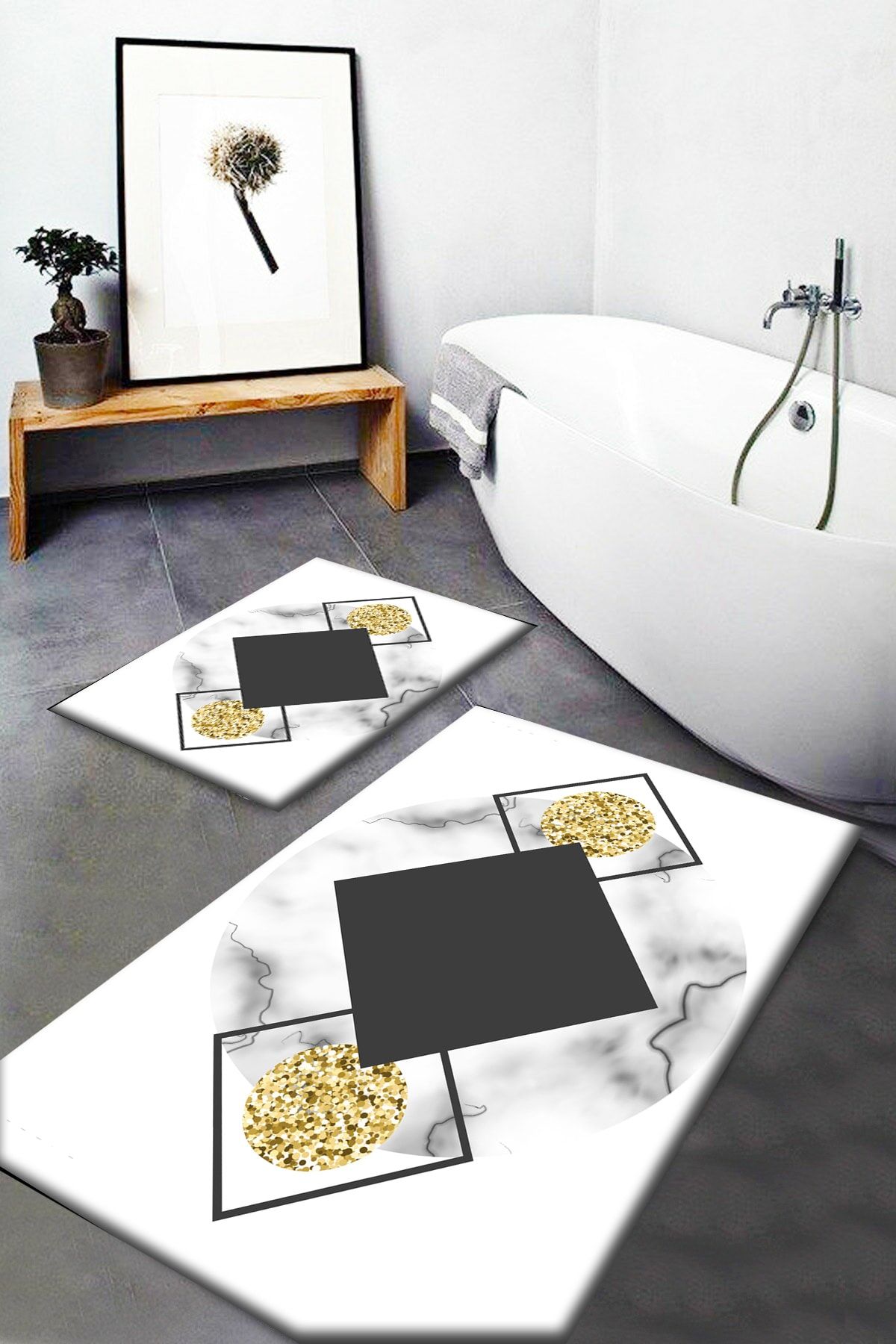 GARDENYA HOME Gardenya Desenli Yıkanabilir Kaymaz Taban 2li Banyo Halısı Paspas Klozet Takımı Bath-0025