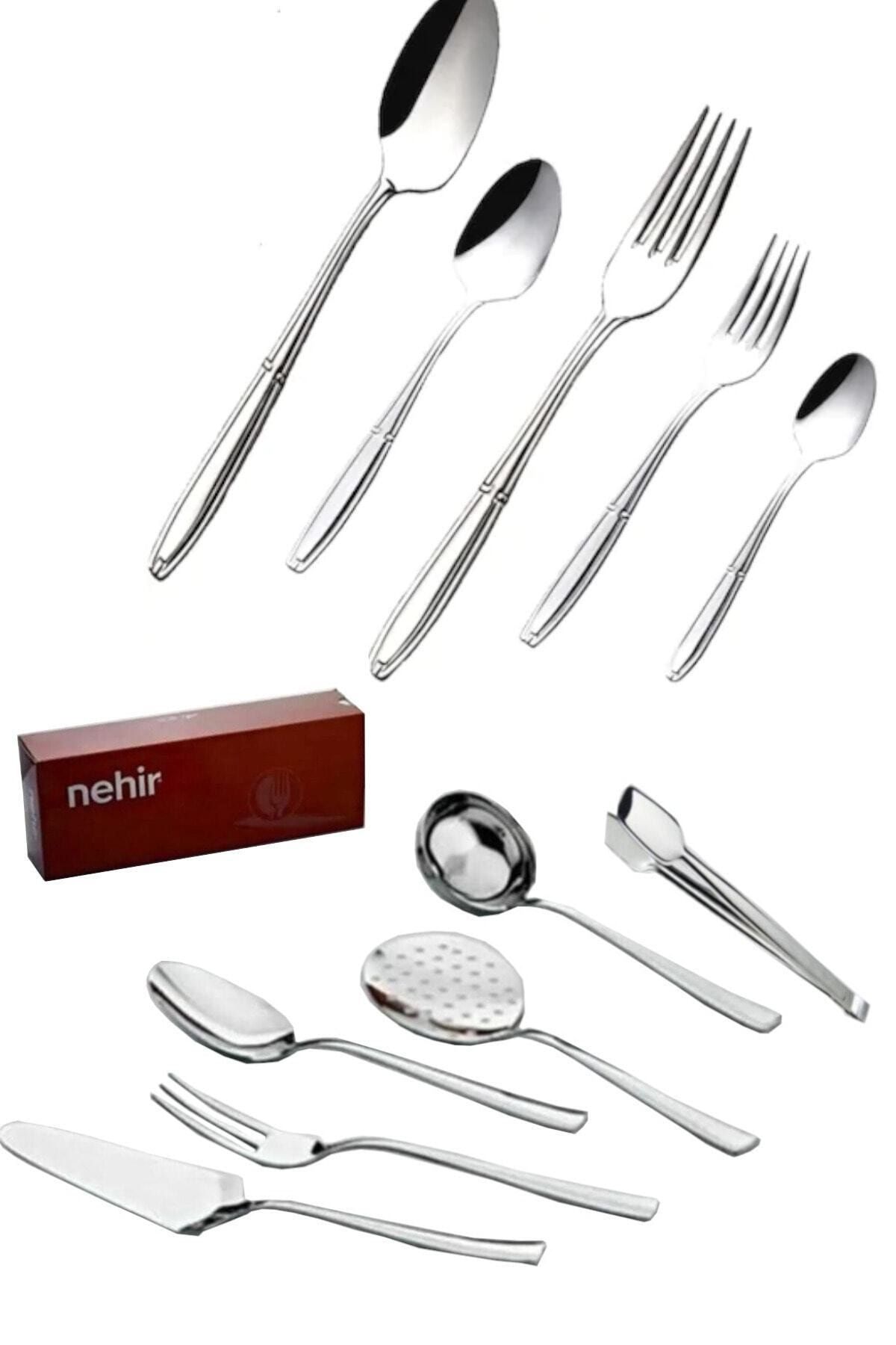 Nehir Sade Parlak Bıçaksız Çatal Kaşık Takımı Servis Setli 66 Parça 12 Kişilik