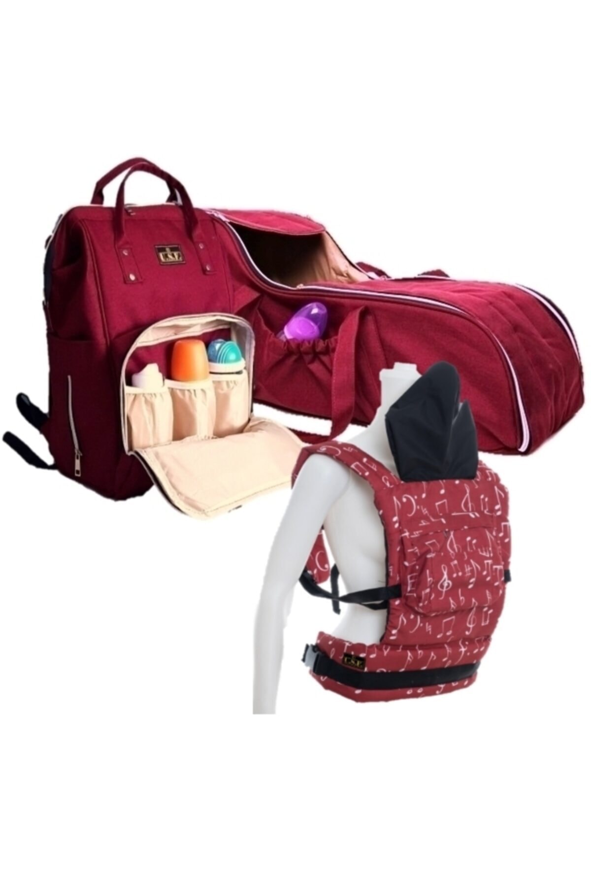 USF Portbebe Ana Kucağı + Bebek Taşıma Kanguru + Bebek Bakım Çantası 3 Lü Set Düz Bordo