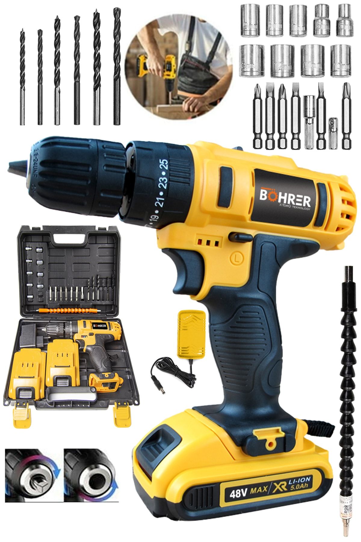 BÖHRER Germany Technology 48v 5ah Coper Metal Şanzıman Çift Akülü Şarjlı Vidalama Matkap + 24 Parça