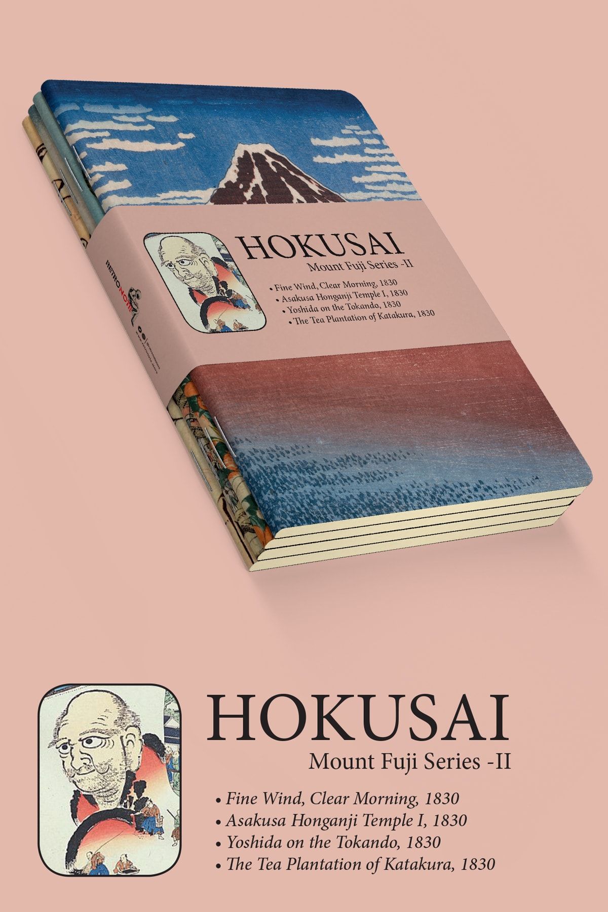 retronote Hokusai 4'lü Defter Seti 2 - Mount Fuji Series Iı - Çizgisiz - 64 Sayfa - 14x21cm
