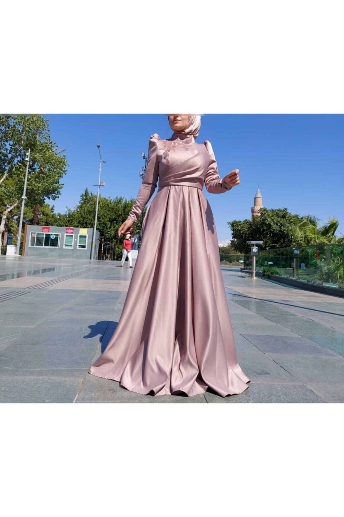FAHRETTİN MODA 4359 Vizon Taş Işlemeli Tafta Tesettür Abiye