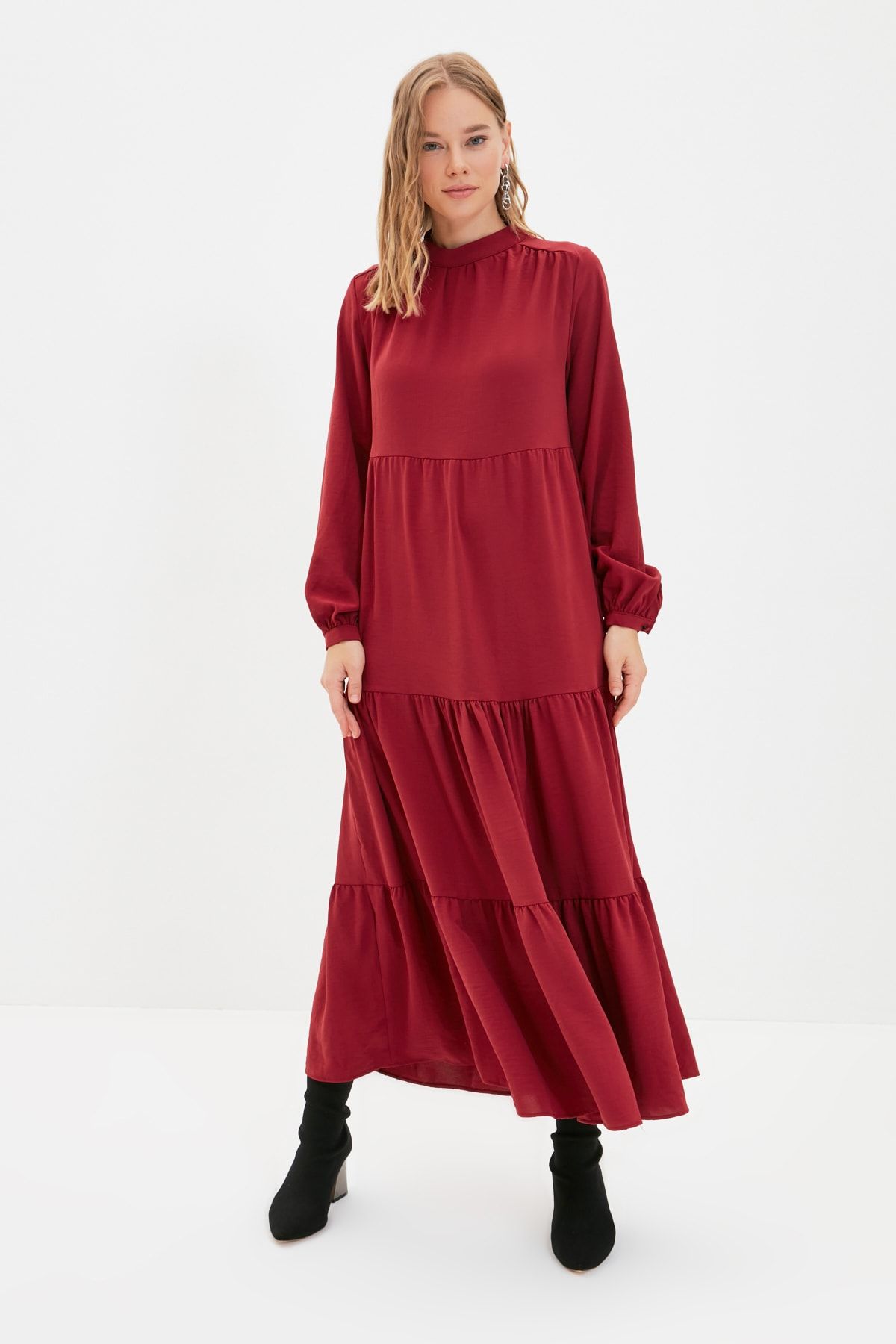 Trendyol Modest Bordo Dik Yaka Poliviskon Volanlı  Elbise TCTAW22EB0107