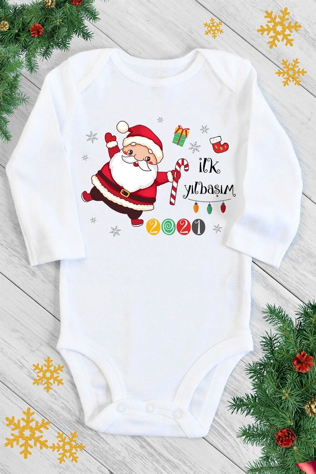BabyLimon Unisex Bebek Beyaz Ilk Yılbaşım Uzun Kol Çıtçıtlı Body