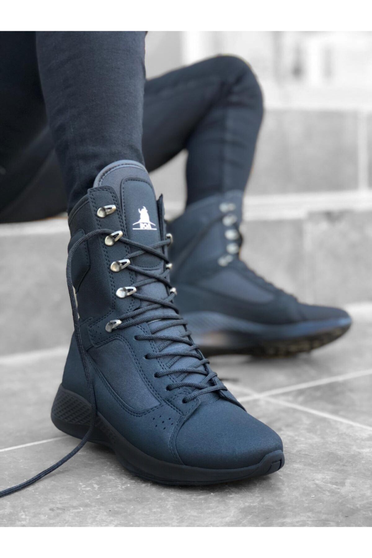 Stepsup Store Bağcıklı Siyah Nabuk Yüksek Taban Boksör Unisex Spor Postal Bot