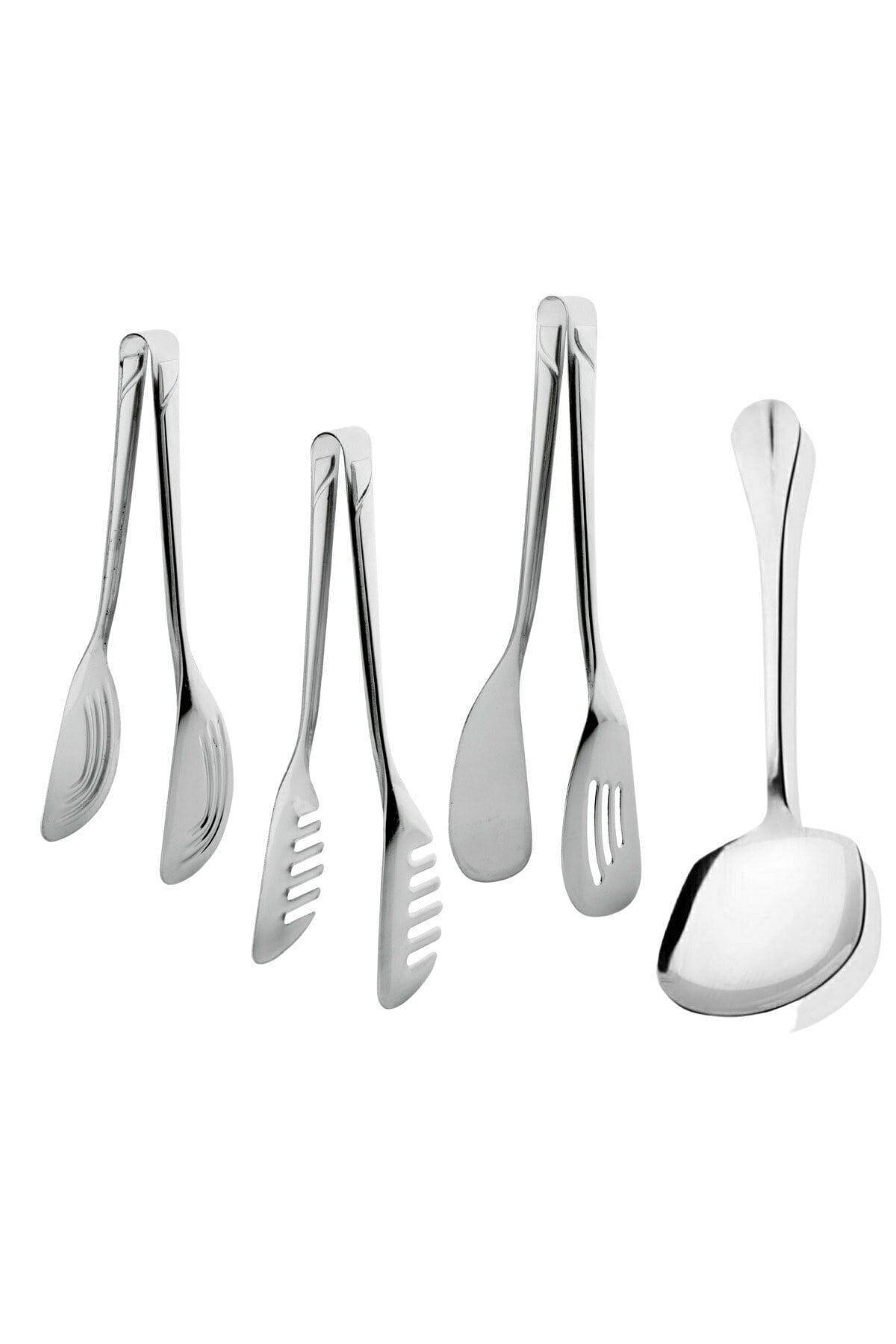 Homerest 4'lü Paslanmaz Çelik Maşa Makarna Maşası, Pasta Maşası, Salata Maşası Ve Servis Kaşığı Seti