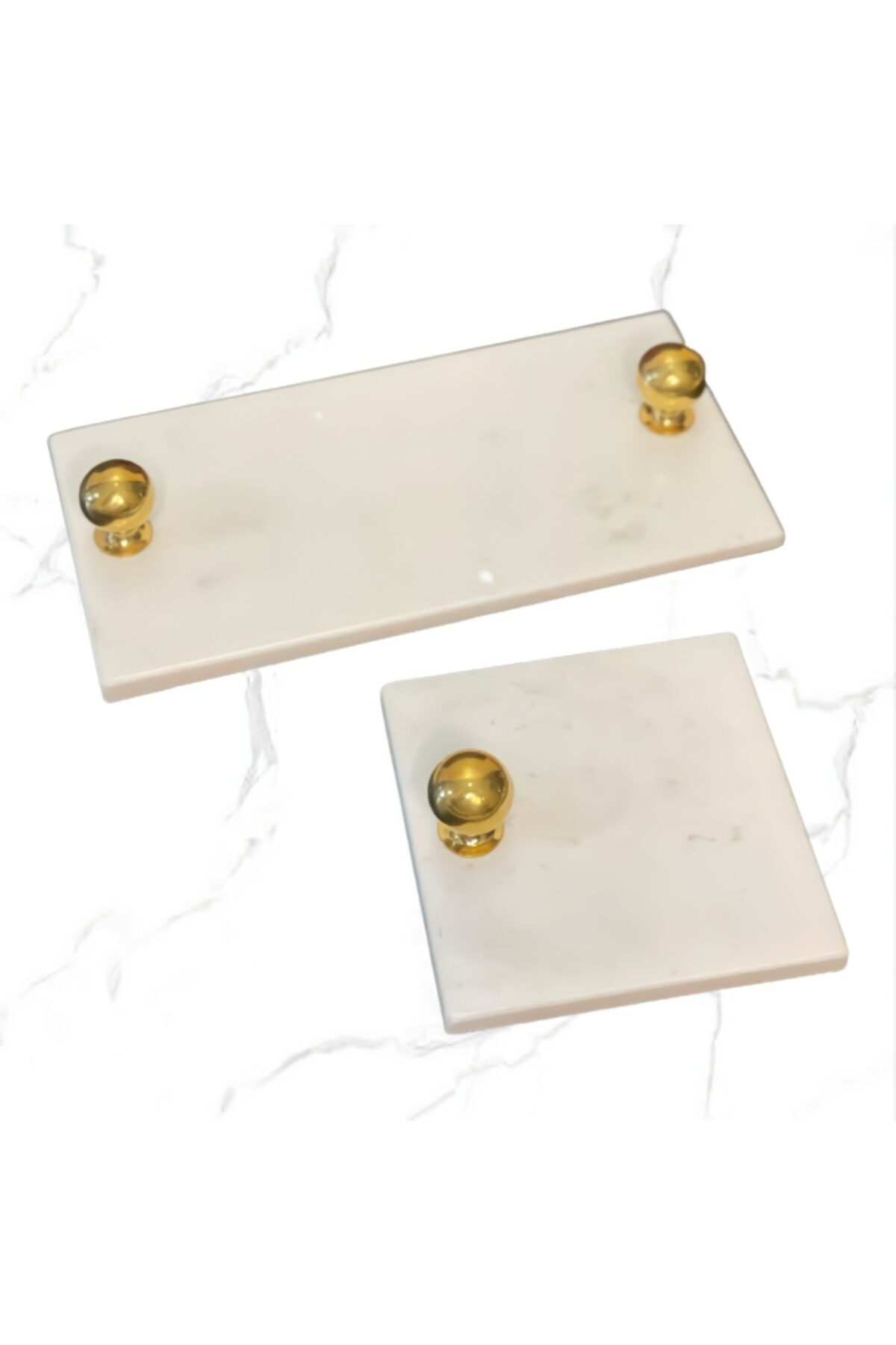 MarblelandStudio Gold Aksesuarlı Beyaz Mermer Bardak Altlığı & Sunumluk Set