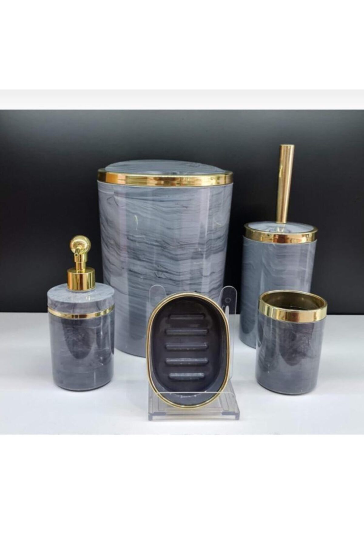 TÜRKERLER Akrilik Oval Banyo Seti 5 Parça Mermer Desen Gold