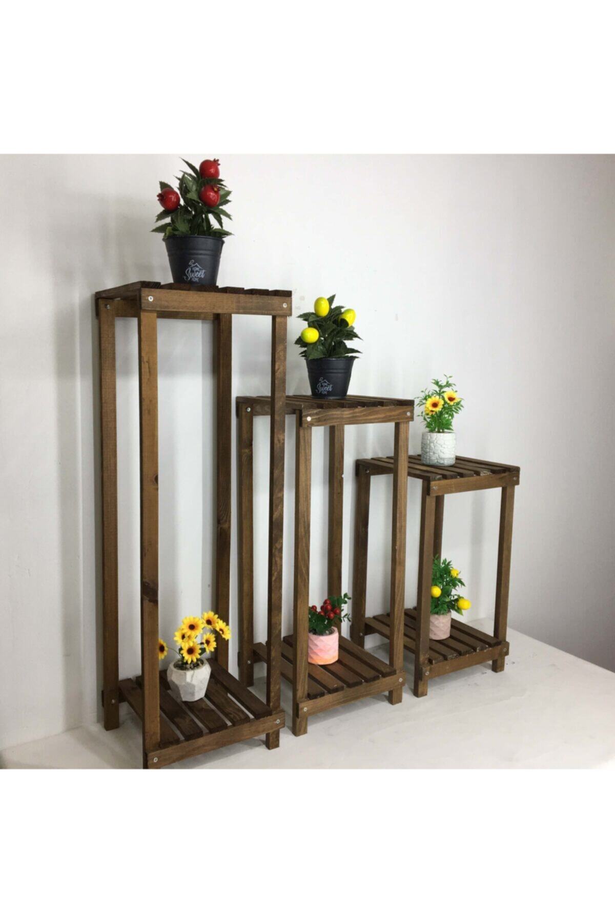 GökBay Ahşap Saksı Bahçe Saksılık Saksı Standı Çiçeklik 3 Lü Takım ( Ceviz )