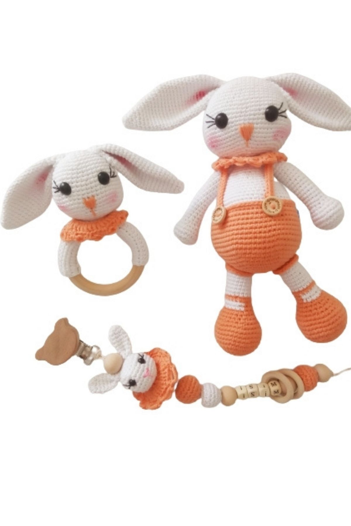 MYG Baby Ahşap Diş Kaşıyıcı Ve Amigurumi Ahşap Emzik Zinciri Çıngıraklı Dişlik Organik Örgü Oyuncak