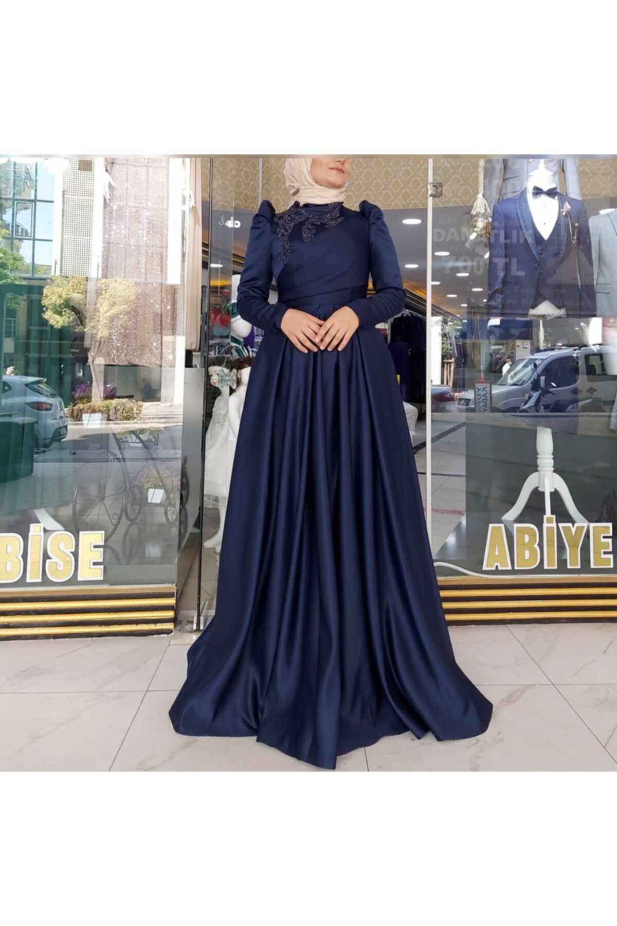FAHRETTİN MODA 4359 Lacivert Taş Işlemeli Tafta Tesettür Abiye