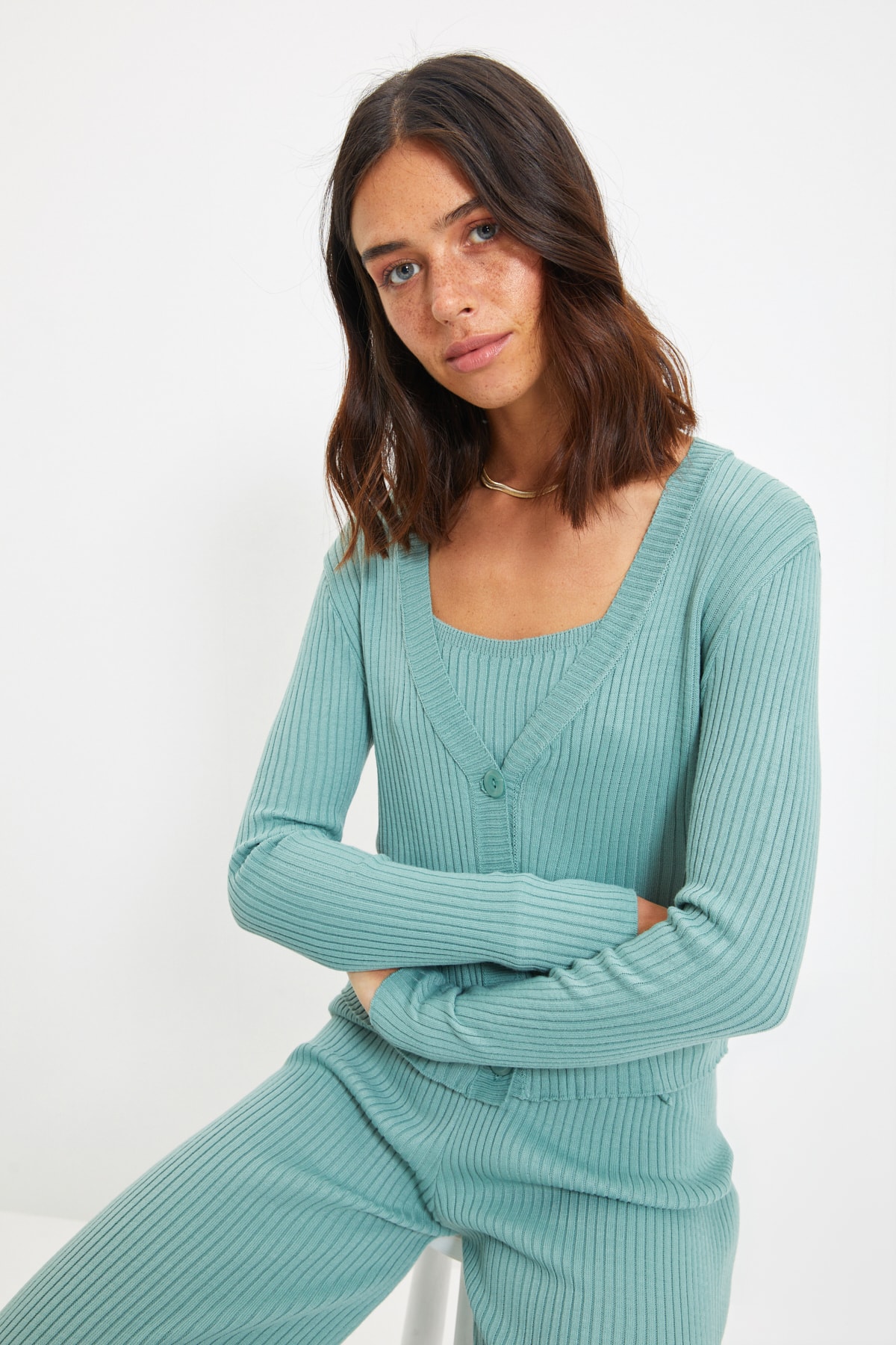 TRENDYOLMİLLA Mint Fitillli Bluz Hırka Pantolon Triko Alt-Üst Takım TWOAW22AU0006