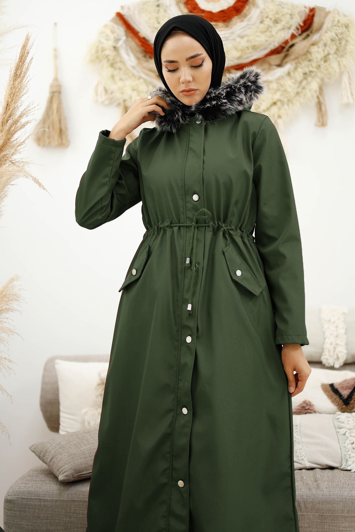 InStyle Kürklü Içi Polar Uzun 2002 Kaban - Haki