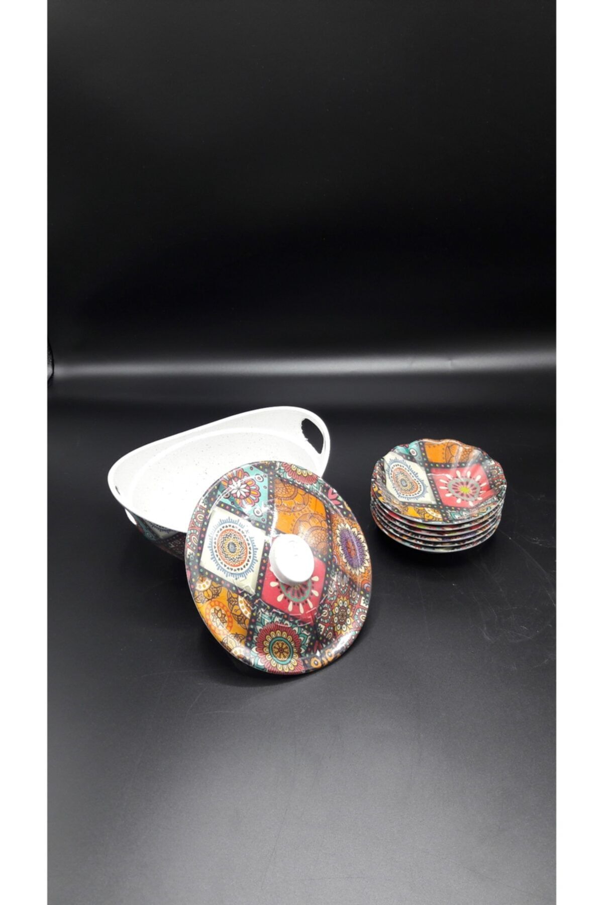 MorzaHibana Melamin Şekerlik Ve 6 Adet Çay Tabağı Kahve Ekose Set En:14,50 Boy:17,50cm