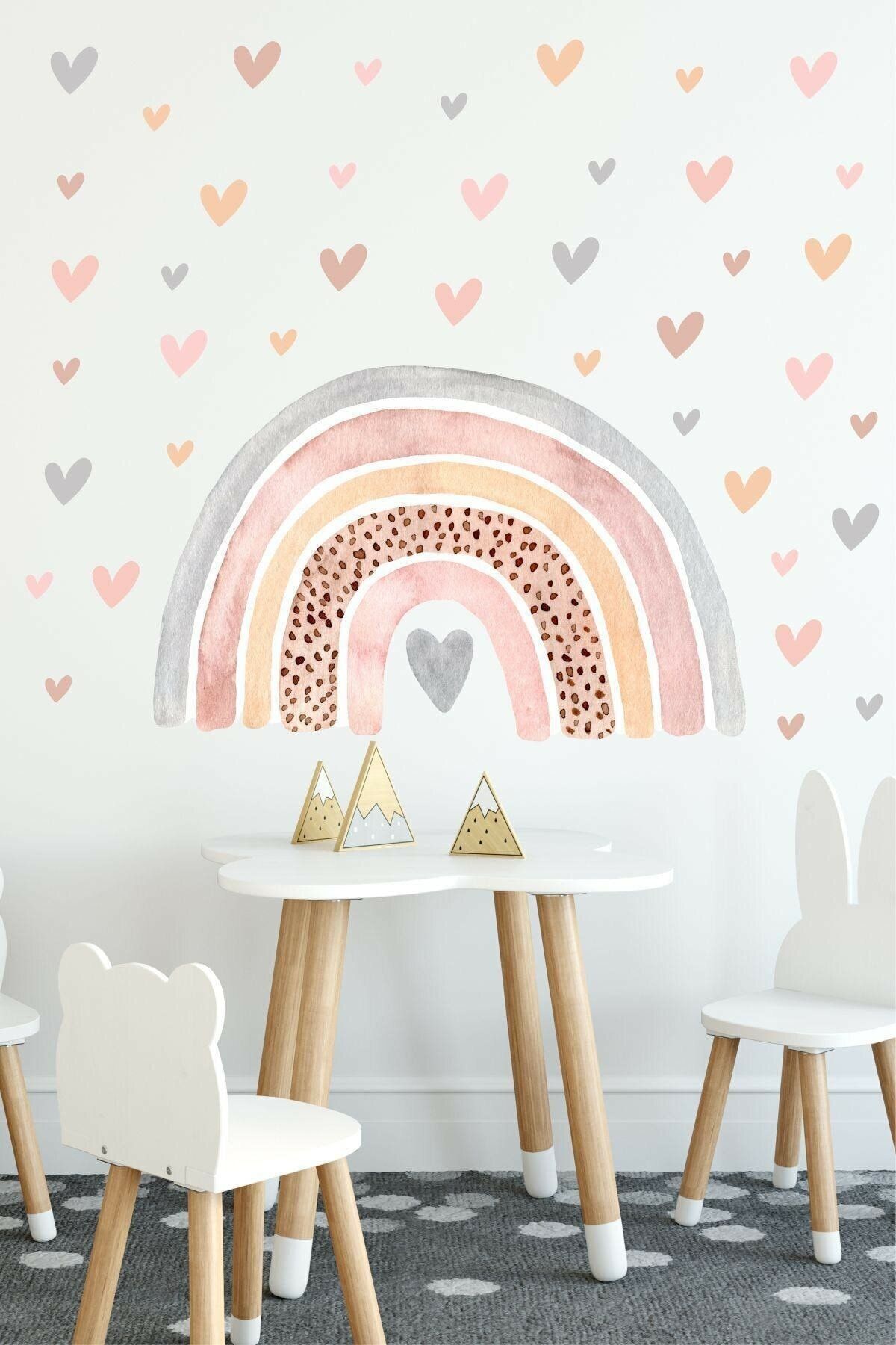ENGINPRINT Pastel Gökkuşağı Ve 100 Kalp Çocuk Odası Duvar Sticker Seti
