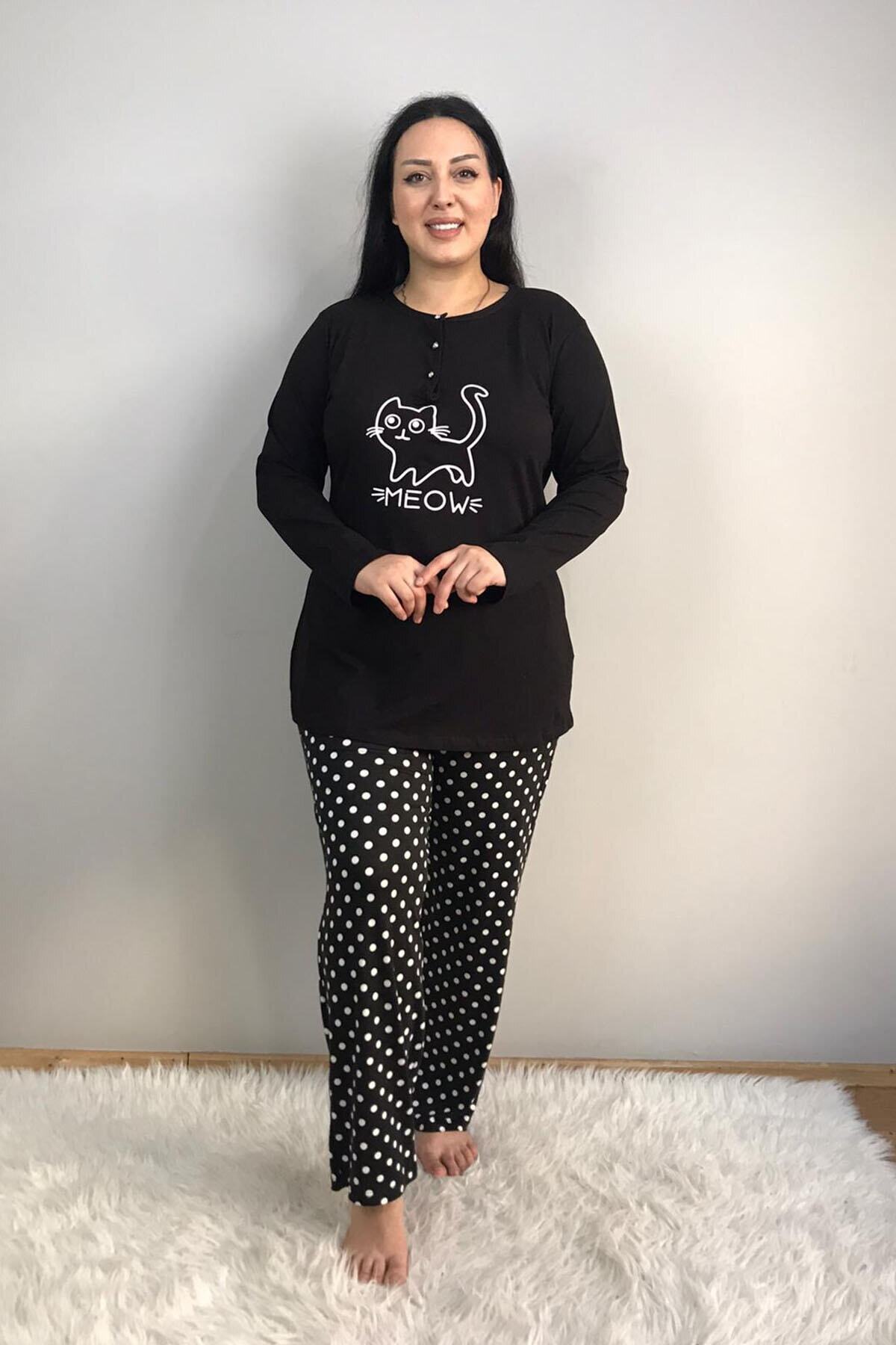 tarzimsuper Kadın Büyük Beden Kedi Baskılı Uzun Kollu Düğme Detaylı Puantiyeli Siyah Pijama Takımı