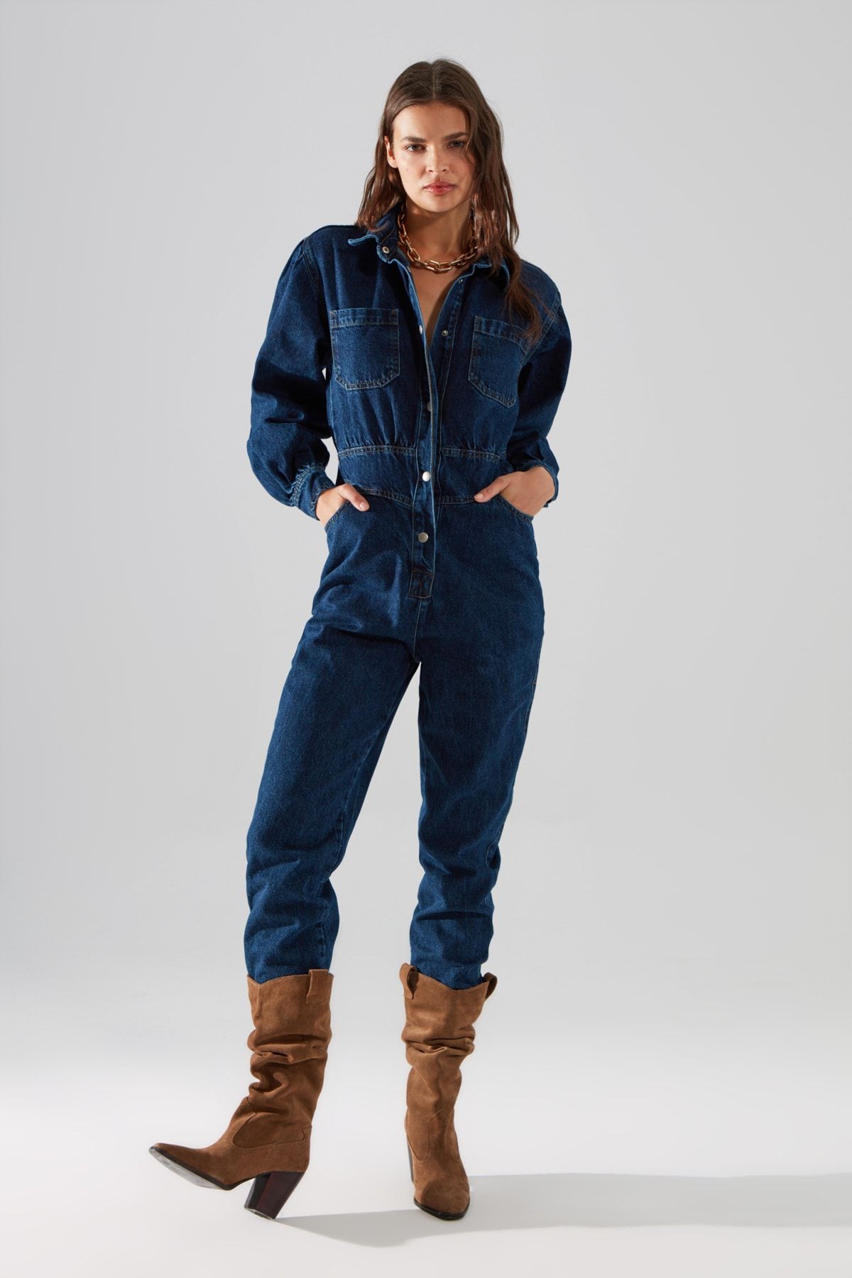 TRENDYOLMİLLA Lacivert Balon Kollu Denim Tulum TWOAW22TU0041
