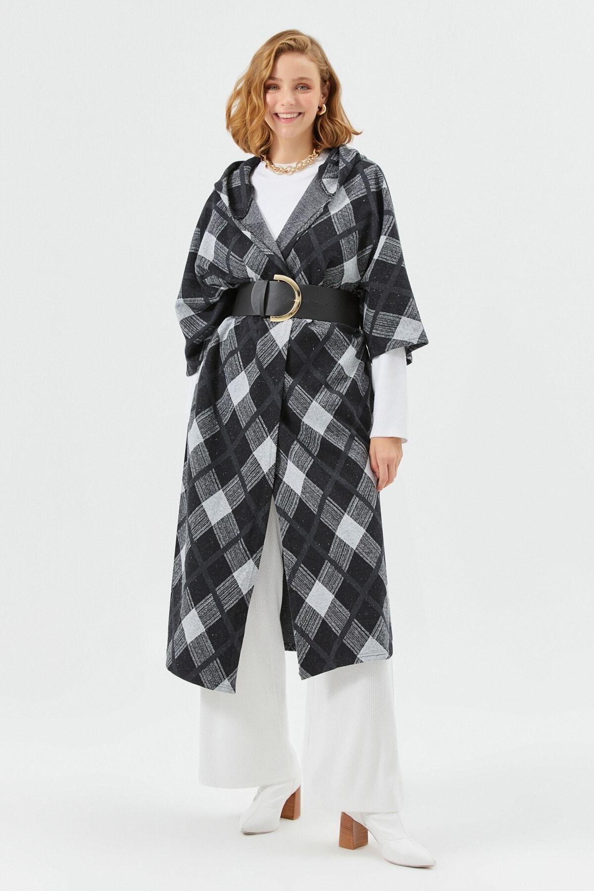 Muni Muni Kemerli Uzun Kaftan-siyah/gri-5239