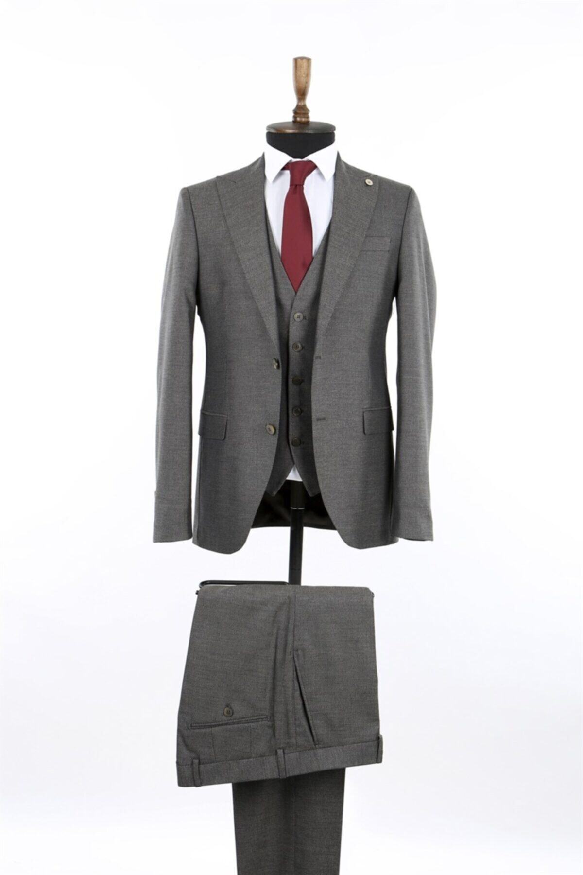 Jakamen Lacivert Slim Fit Sivri Yaka Yeni Sezon Yelekli Takım Elbise