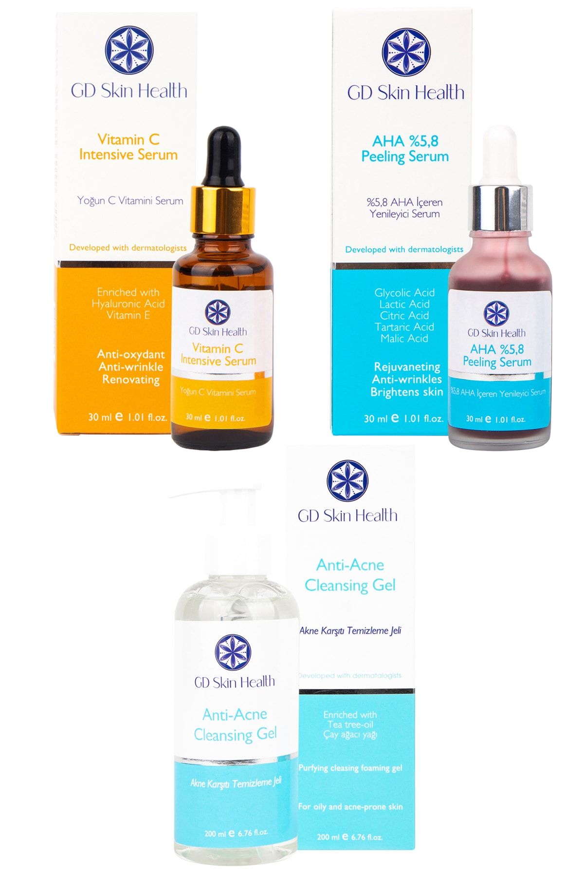 GD Skin Health Vitamin C Intensive 30 Ml + Aha %5,8 Peeling 30 Ml + Anti-acne Cleansing Gel 200 Ml