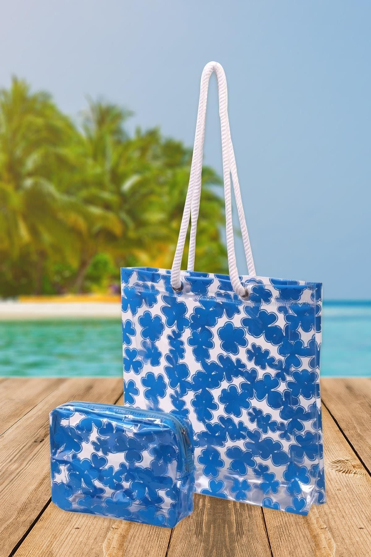 BRCTOPTAN Unisex Mavi Halatlı Plaj Çantası Ve Makyaj Çantası Set 2'li