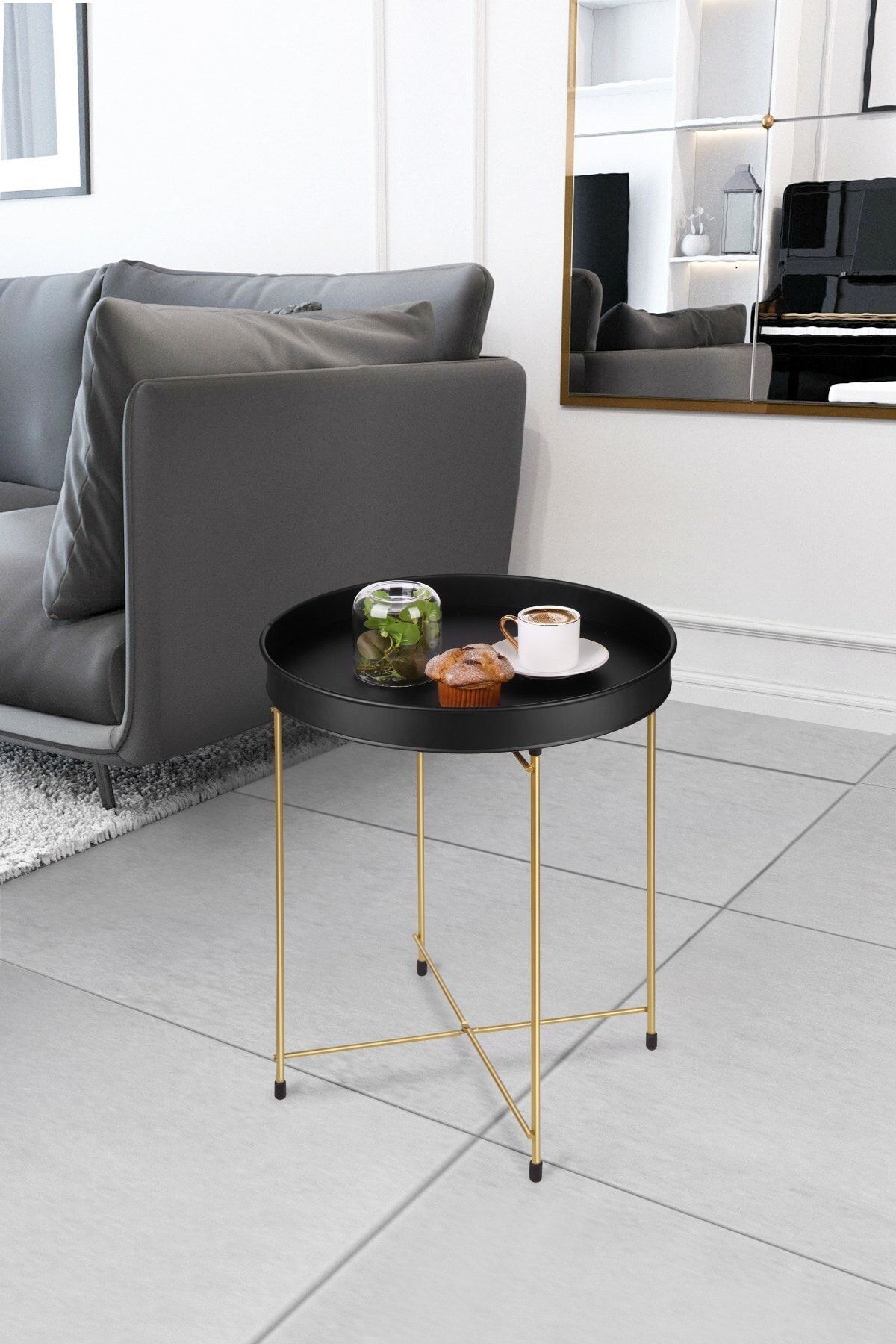 Kitchen Life Metal Geniş Blackgold Tepsili Katlanır Sehpa